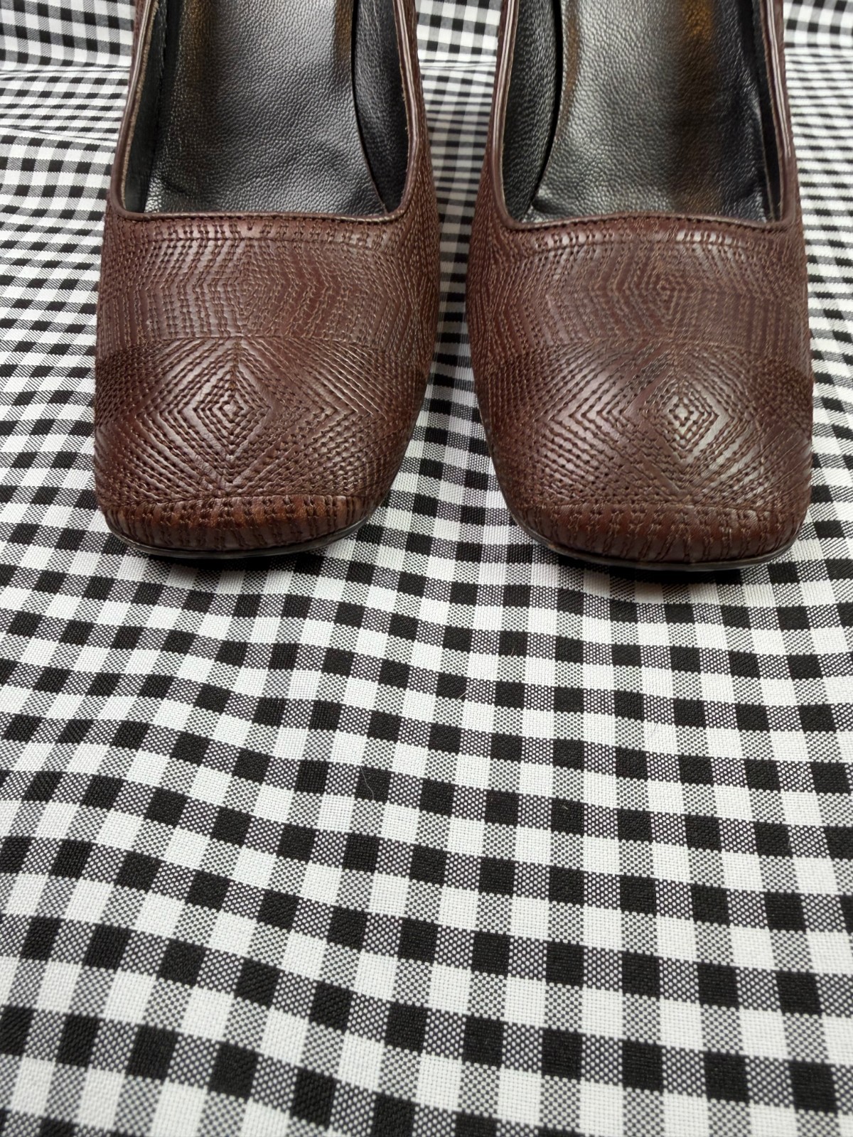 Prada Brown Embossed Leather Square Toe Pumps Block Heel Italy 38.5 Women’s US 8