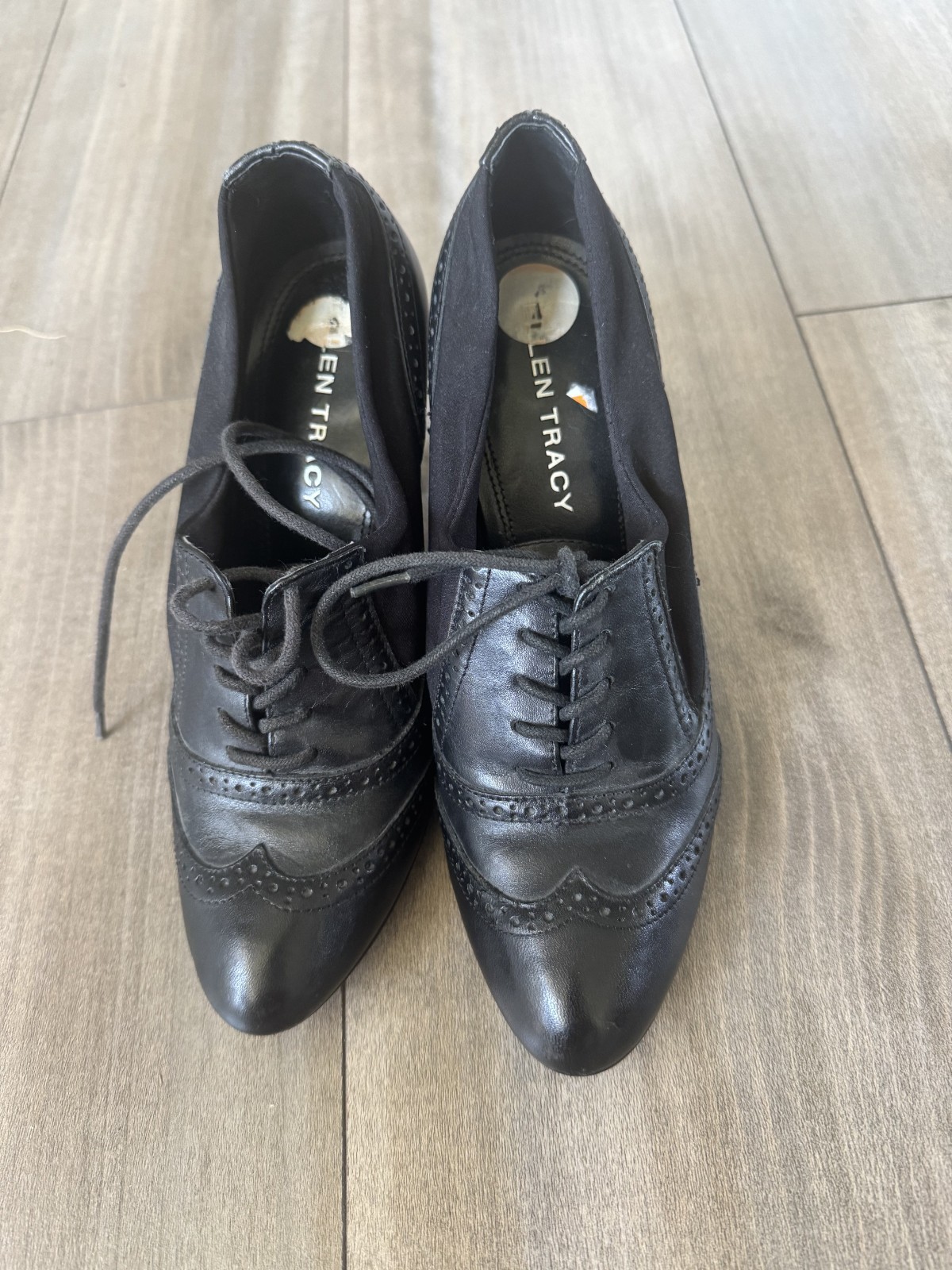 Ellen Tracy Black Leather Wingtip Oxford Heels Lace-Up Brogue Pump Women’s 7