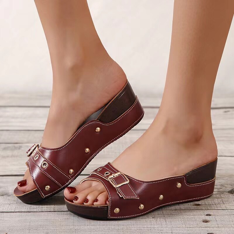 Sandalias De Cuña Con Tacón Para Mujer Zapatos De Playa Chanclas De Verano Cuero