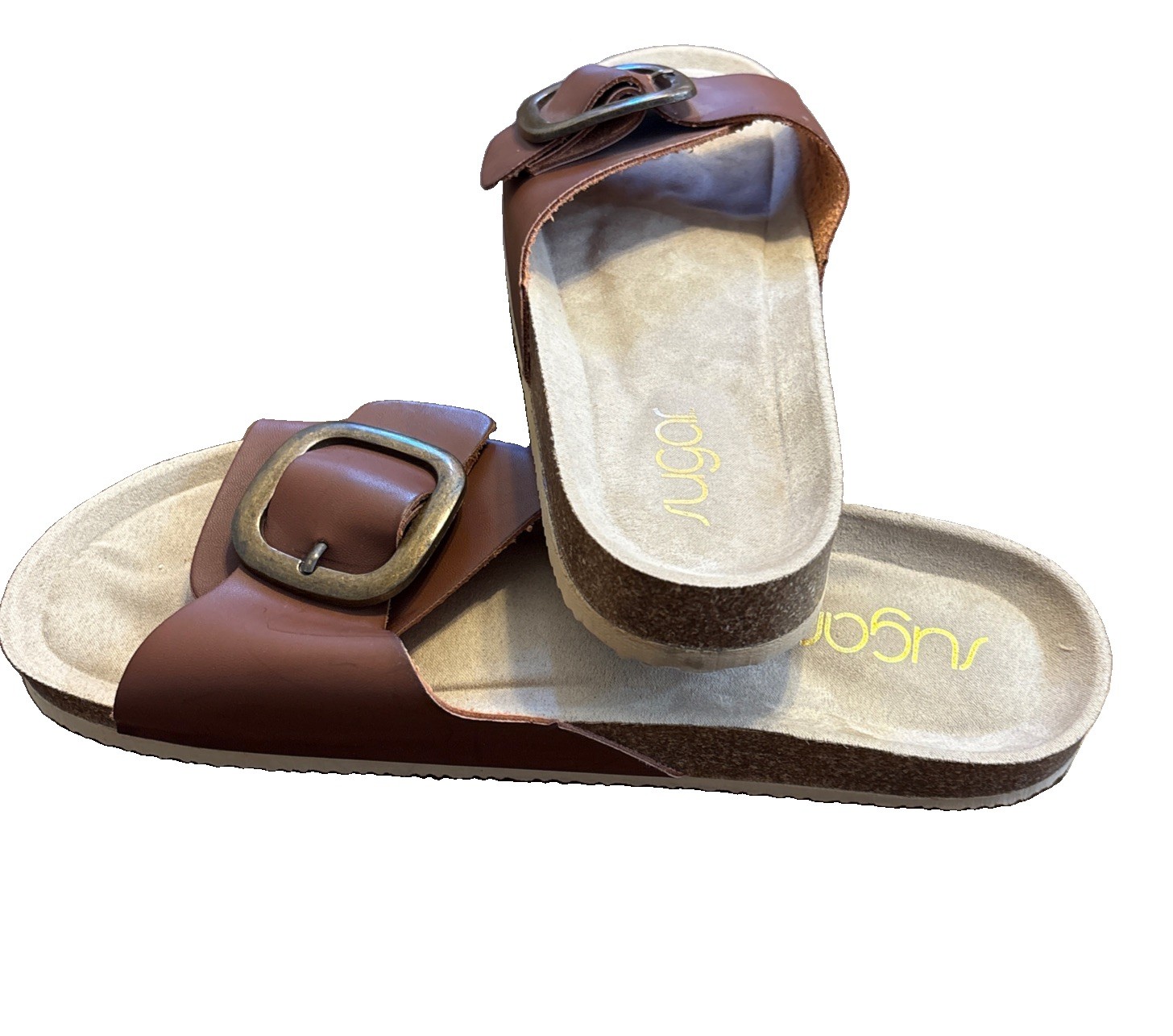Sugar Zerri Faux Brown Leather Slip On Slide Sandals Metal Buckle Women’s Sz 10