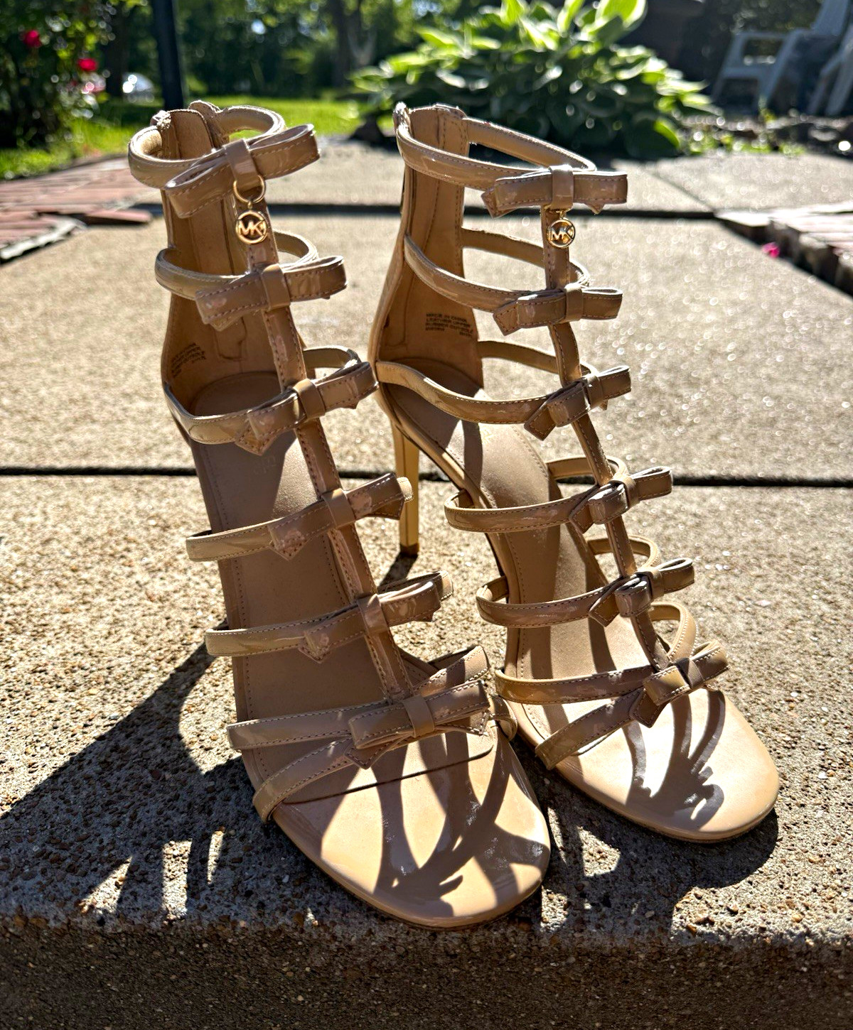 Michael Kors Beige Patent Leather Strappy Open Toe Stiletto Heels Women 8