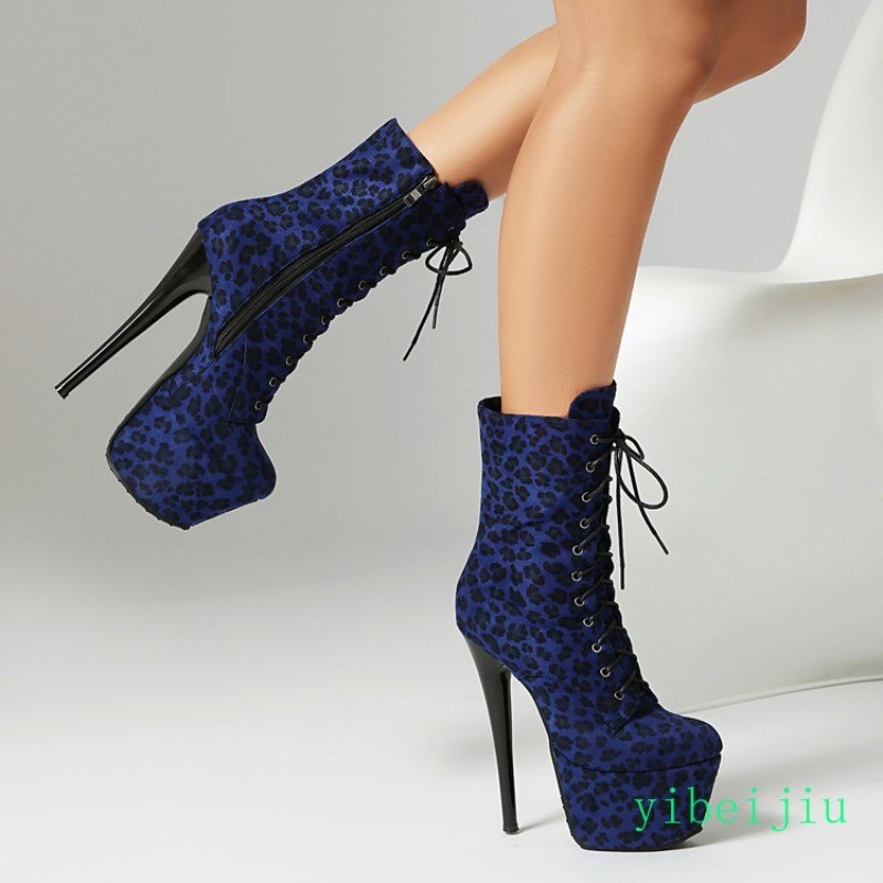 Womens Super High Heel Ankle Boots Leopard Platform Performance Shoes Nightclub