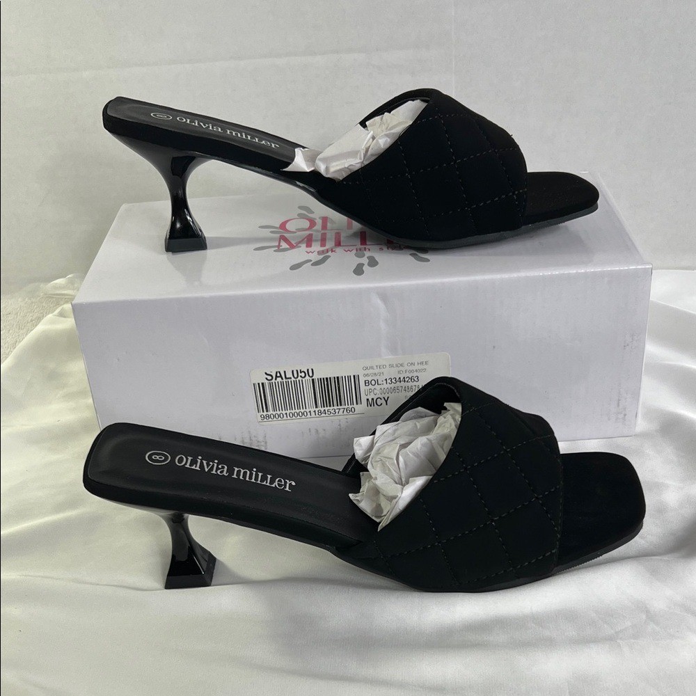 Olivia Miller Black Quilted Slide On Heels Women’s Size 8 New in Box Classy Chic