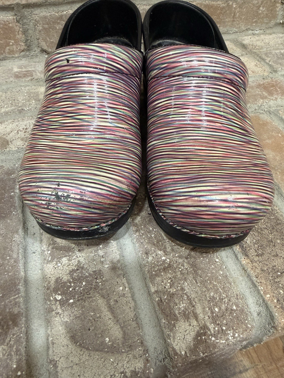 Dansko Women’s Patent Leather Slip-On Clogs Size 36UK Striped Multicolor Black
