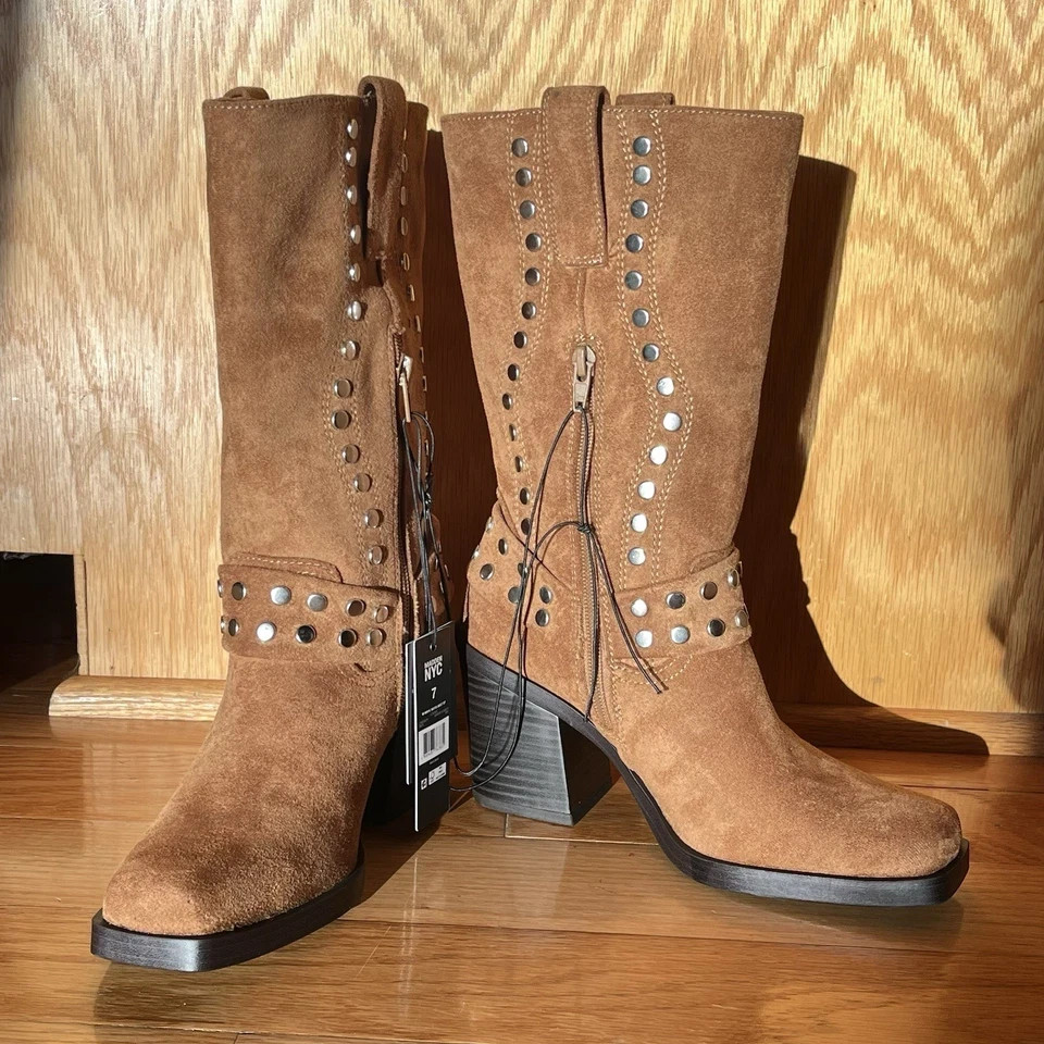 Steve Madden NYC Tan Suede Studded Boots Square Toe Size 7 New With Box