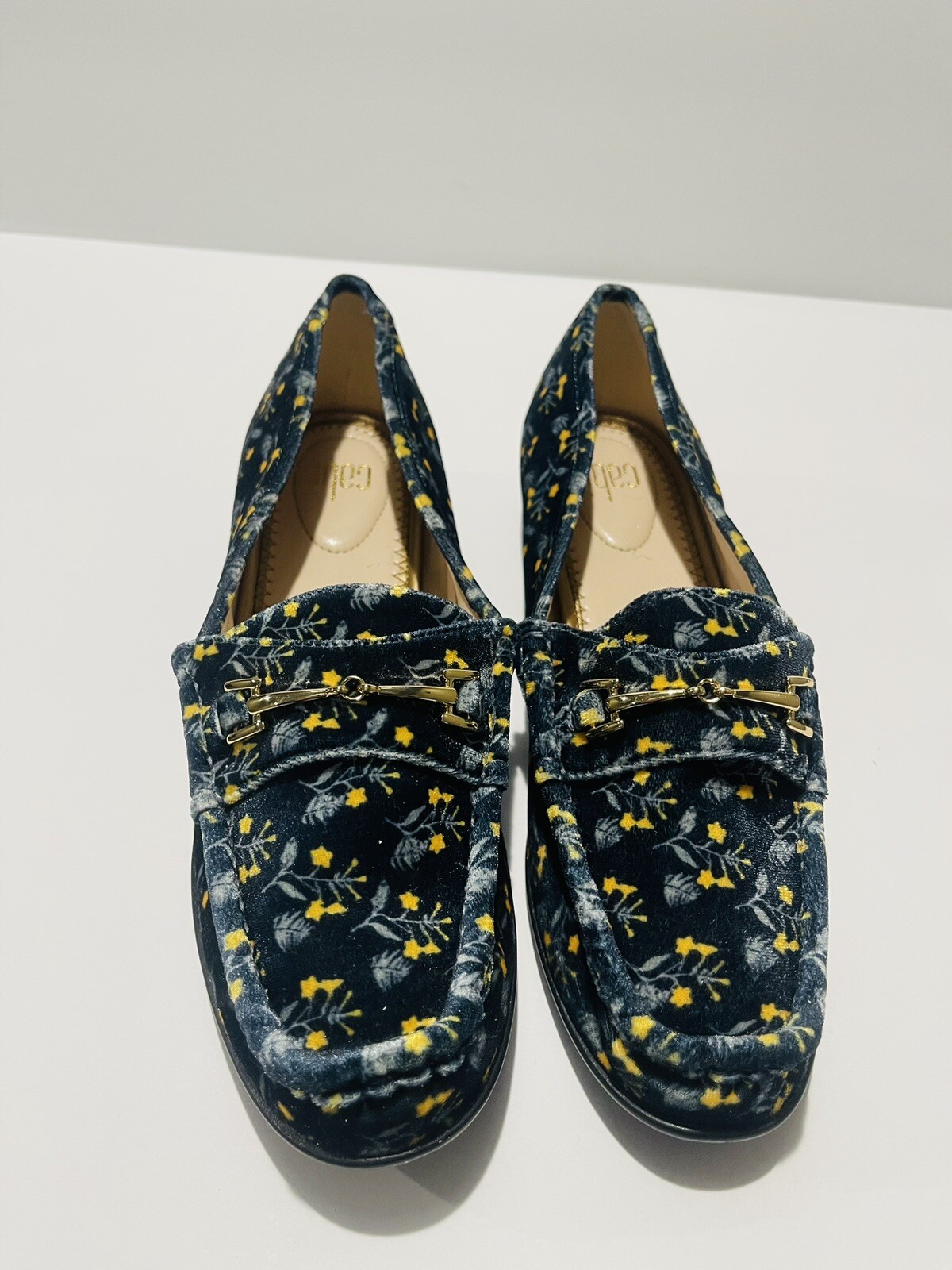 New Cabi Women’s Loafers SZ 7 Blue Yellow Floral Velvet Slip On Flats Gift