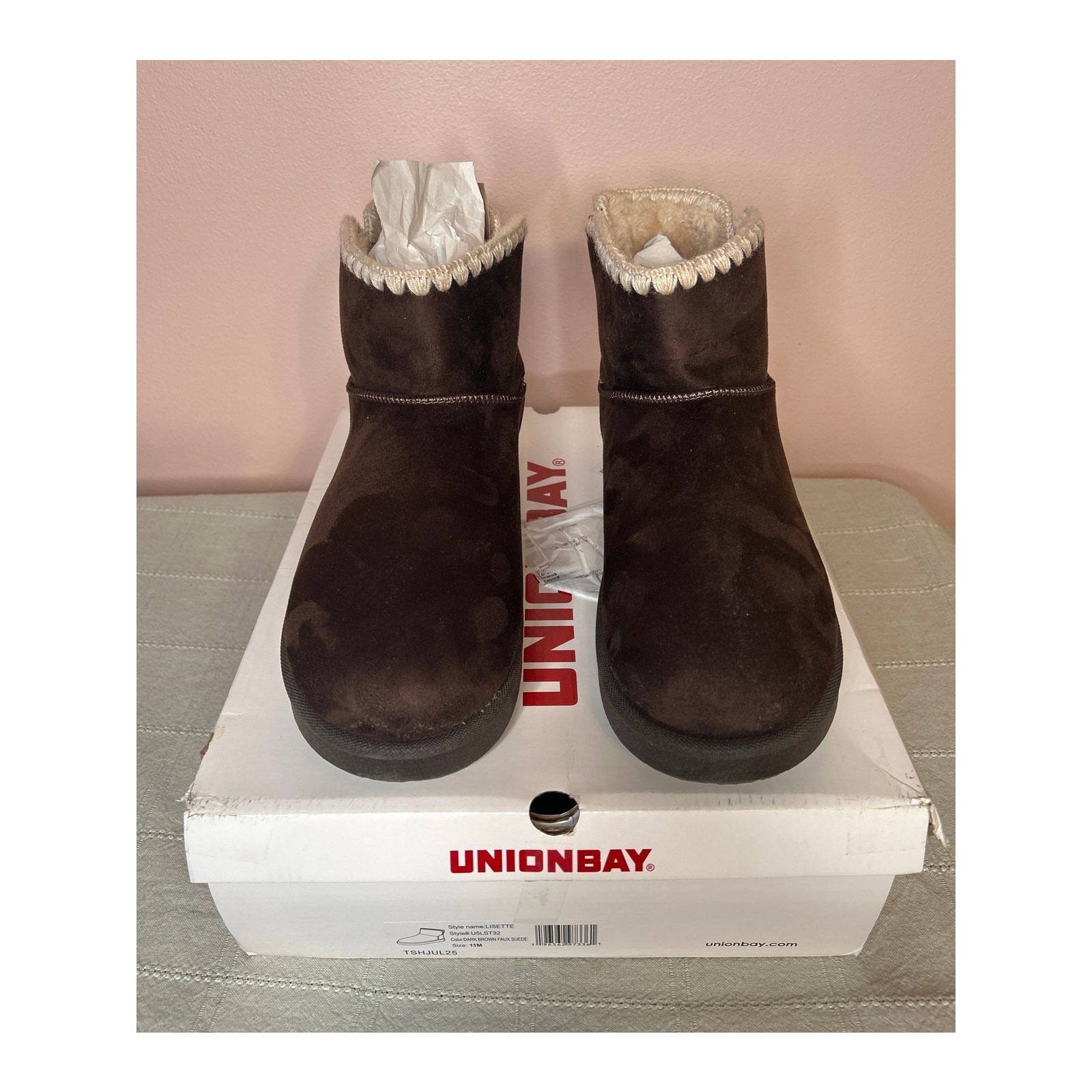 Unionbay Lisette Women’s Dark Brown Faux Suede Faux Fur Lined Ankle Boot Sz 11 M