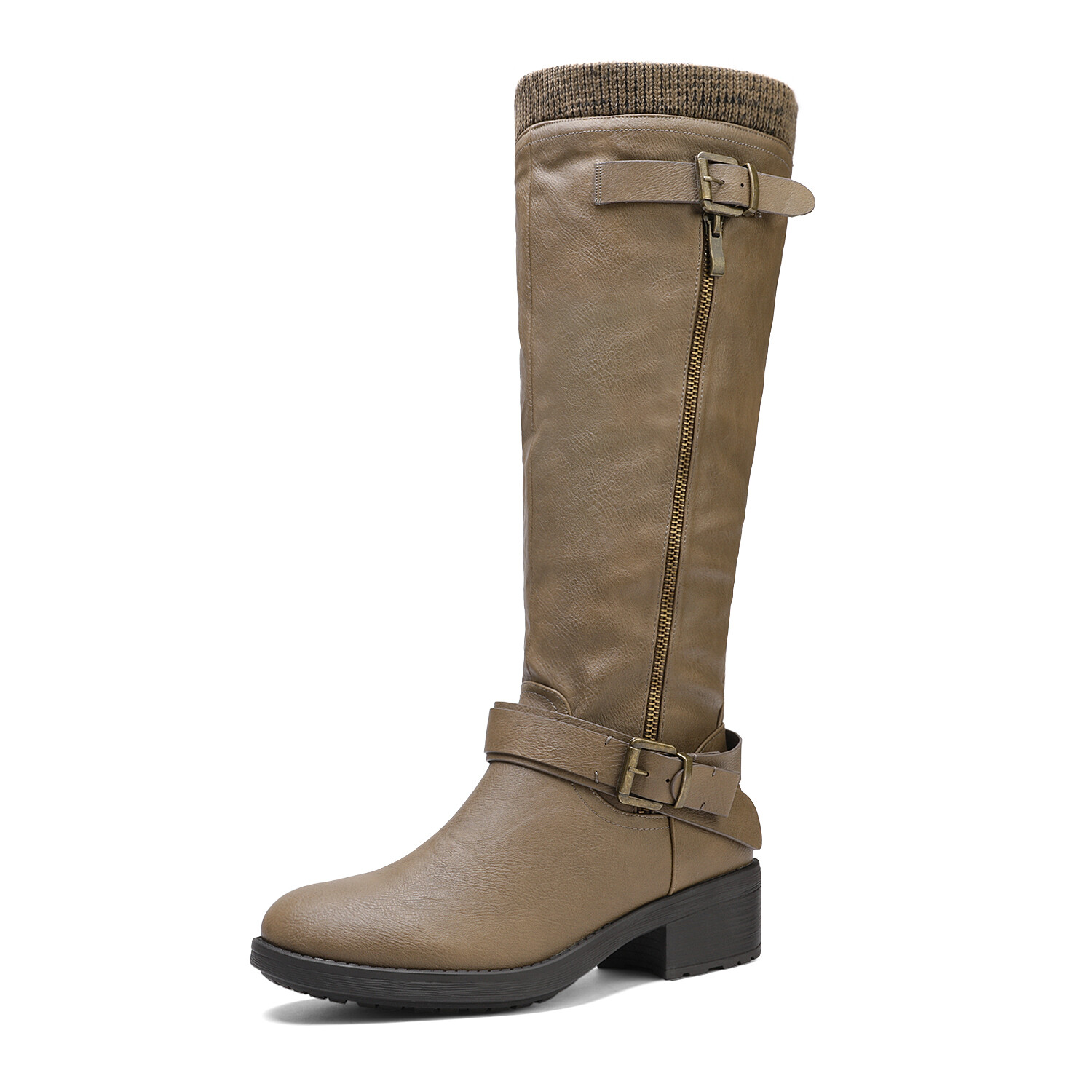 Women Low Heel Side Zipper Faux Fur Lining Wide Calf Knee High Riding Boots