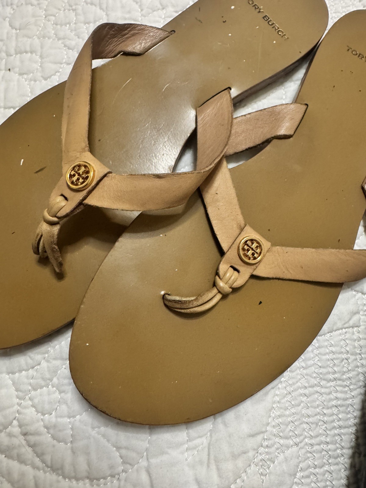 Tory Burch Calf Leather Manon Thong Sandals Natural Vachetta Size 8M