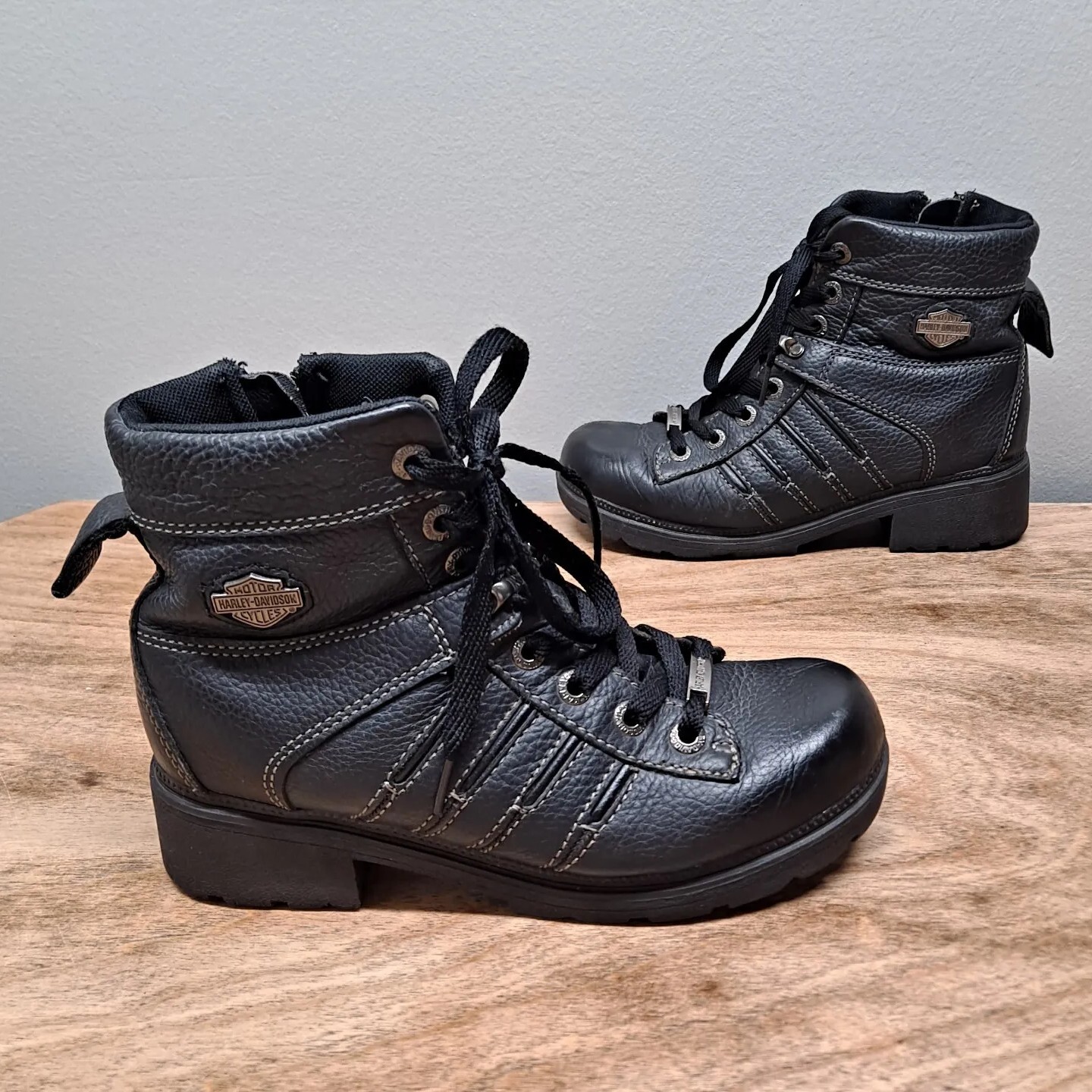 Harley Davidson Womens 8.5 Black Leather Lace-Up Side-Zip Motorcycle Boots 85292