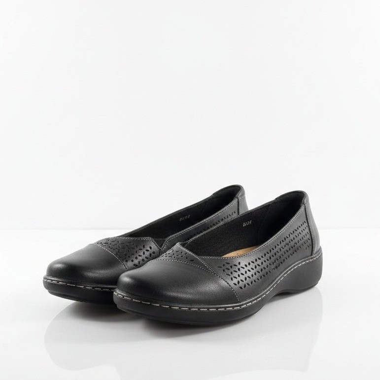 Clarks Collection Cora Iris Black Leather Laser Cut Ballet Flat Womens 10M