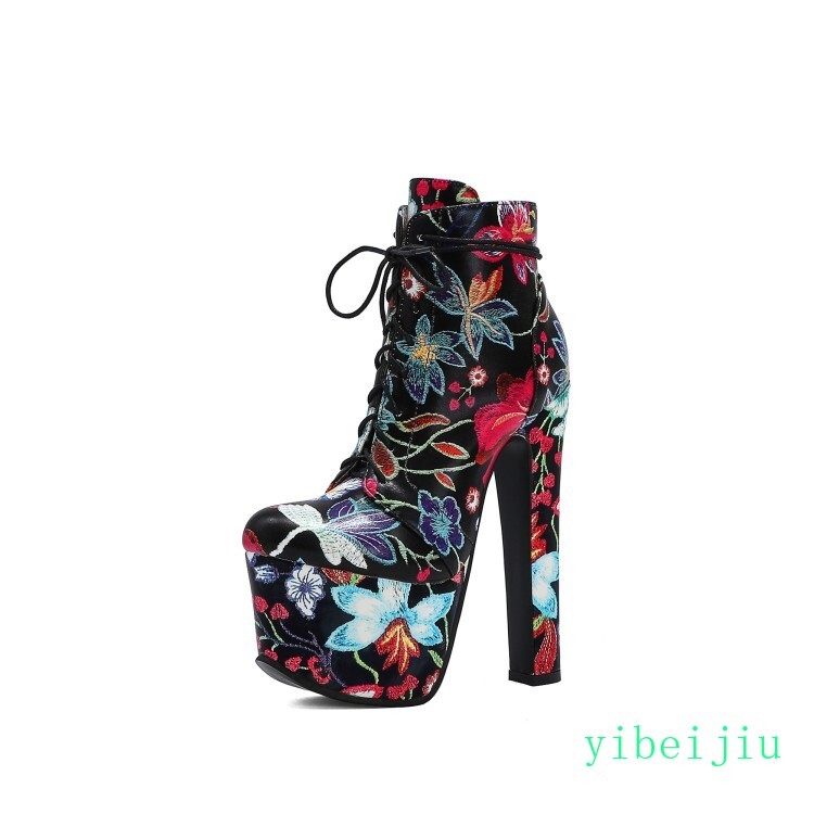 Ladys Women’s Embroidery Flower Ankle Boots Platform Stage Shoes Winter Oversize
