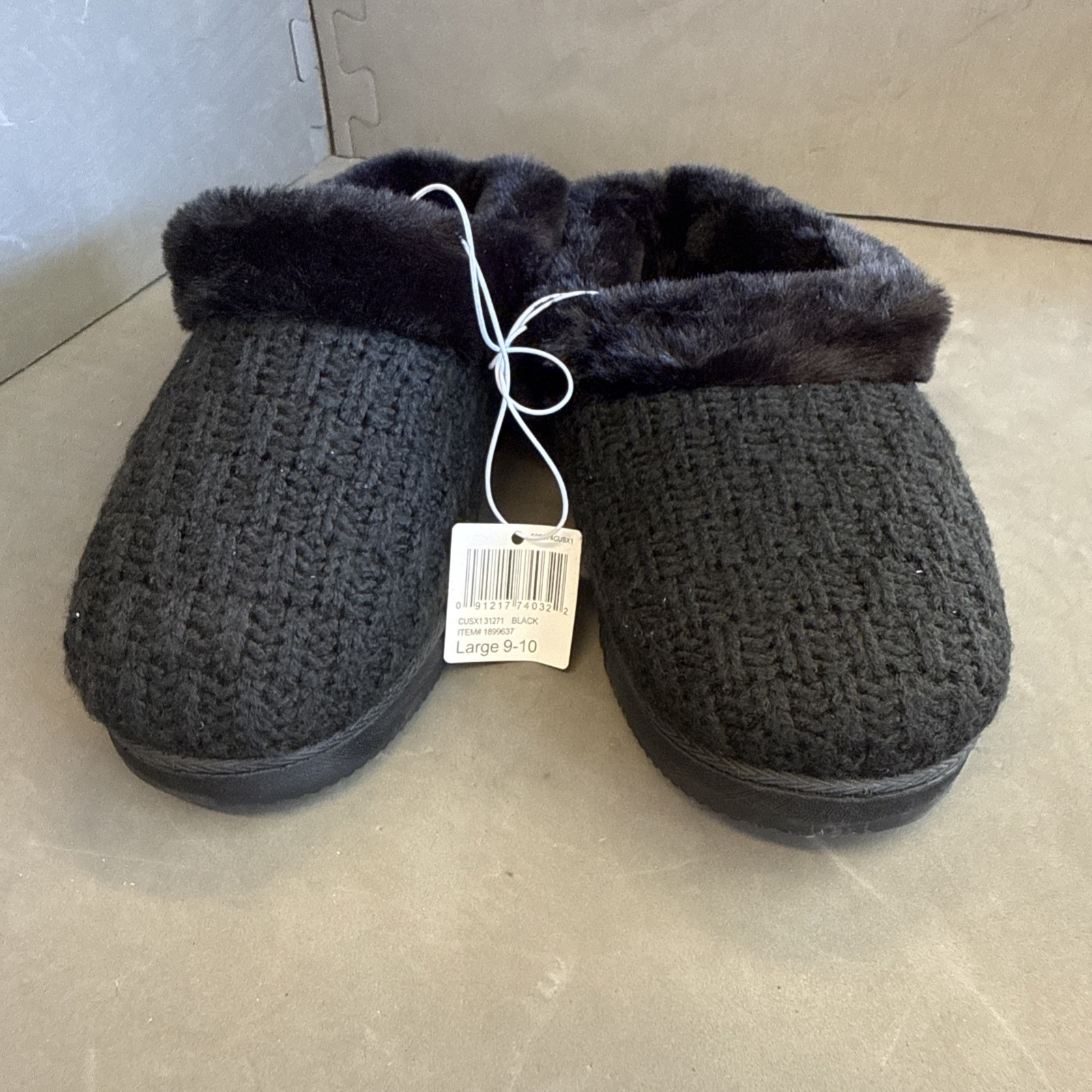 Dearfoams Knit Slip-On Slippers Faux Fur Trim Black Women’s M 9-10. No 102