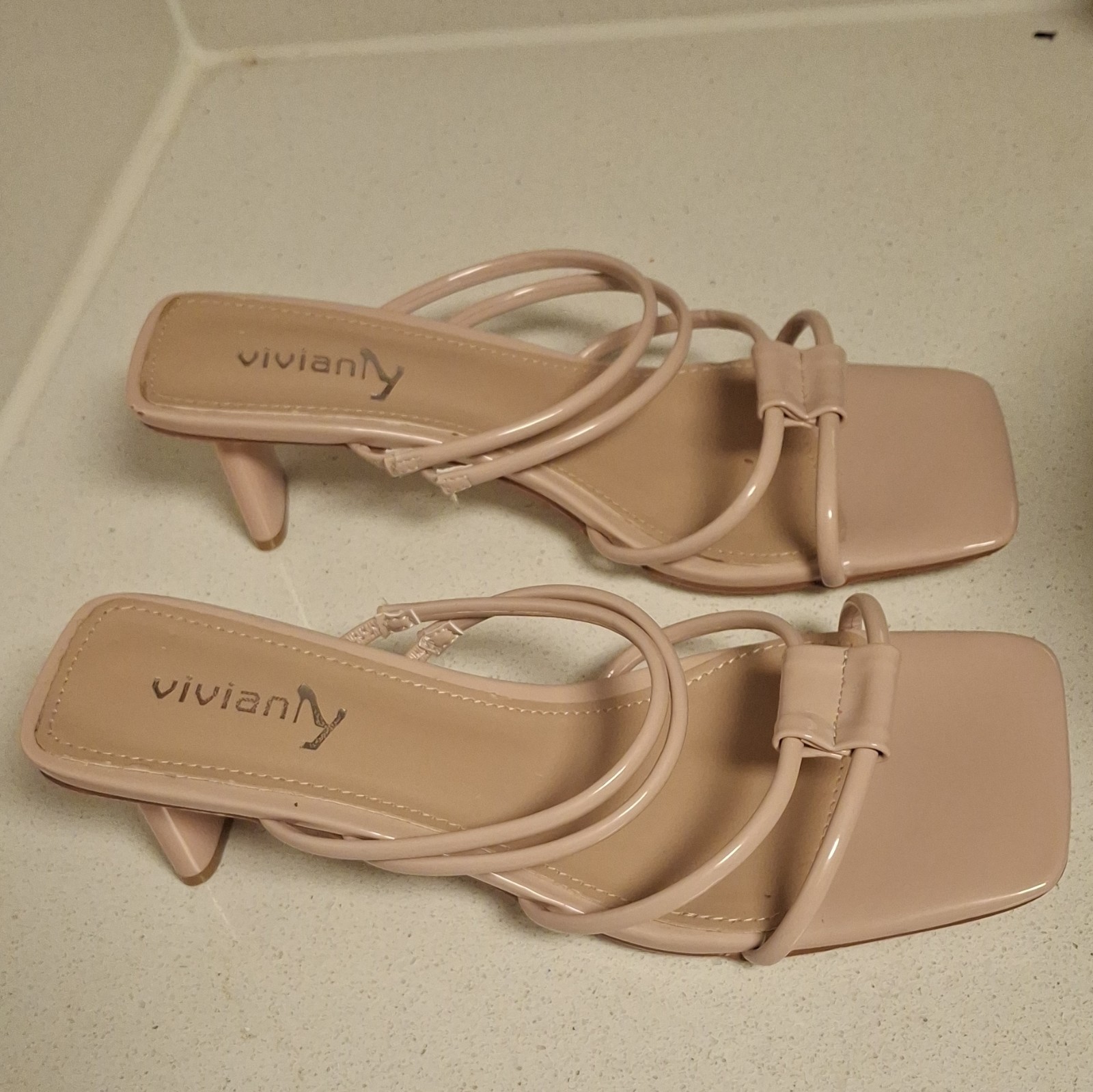 Viviany Women’s Beige Solid Square Toe Strappy Slip On Mules US 8
