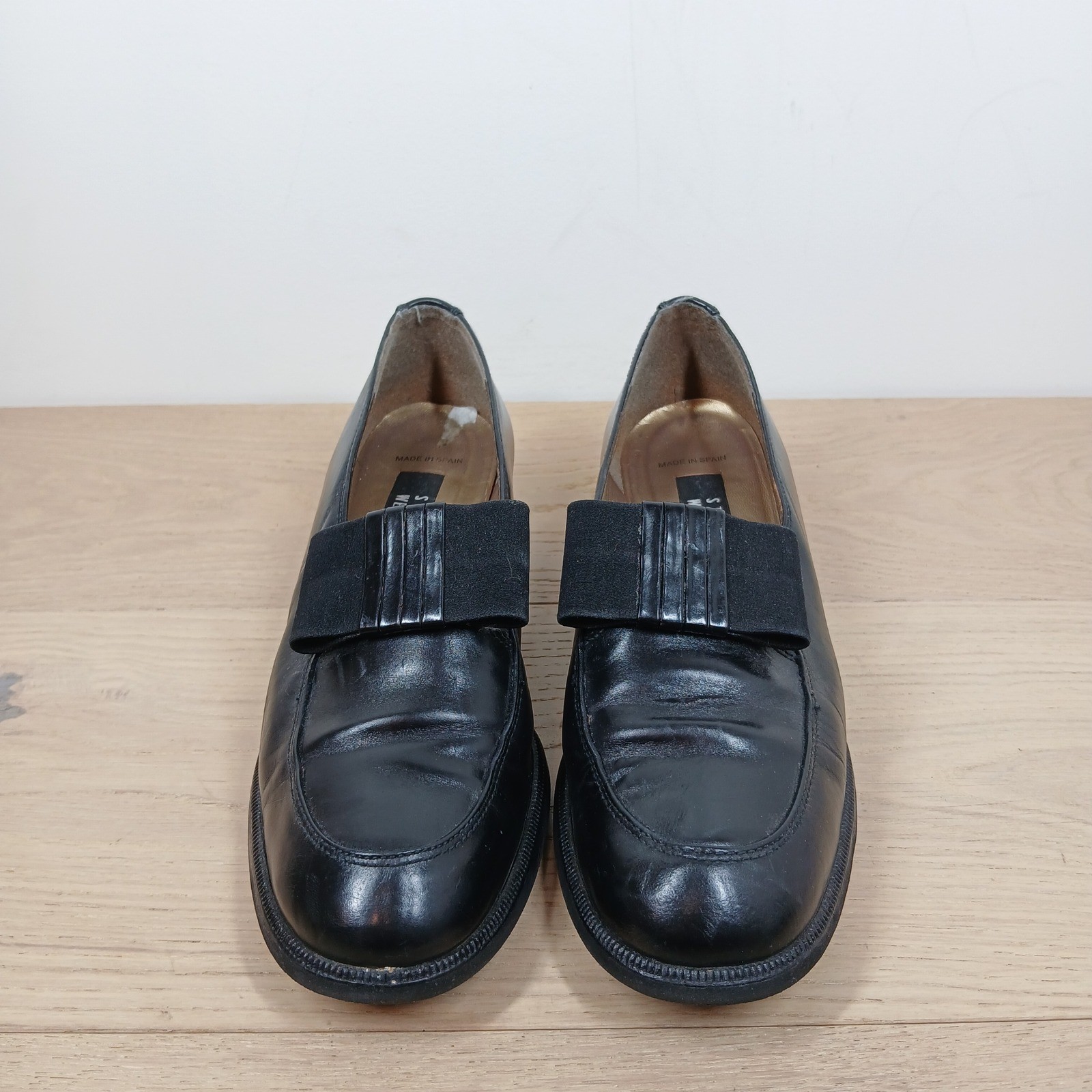 Stuart Weitzman Loafers Women’s 10 Black Leather Block Heel with Grosgrain Bow