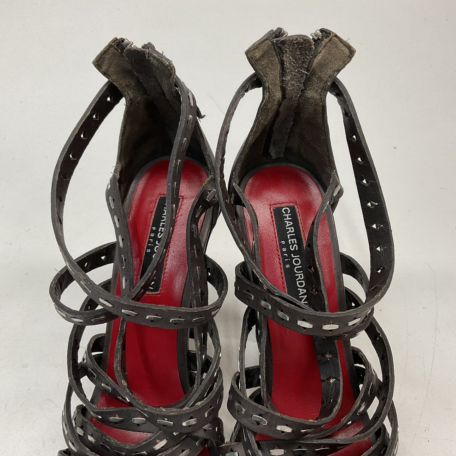 Charles Jourdan Brownish Gray Leather Open Toe Sandals With Heels Size 7.5
