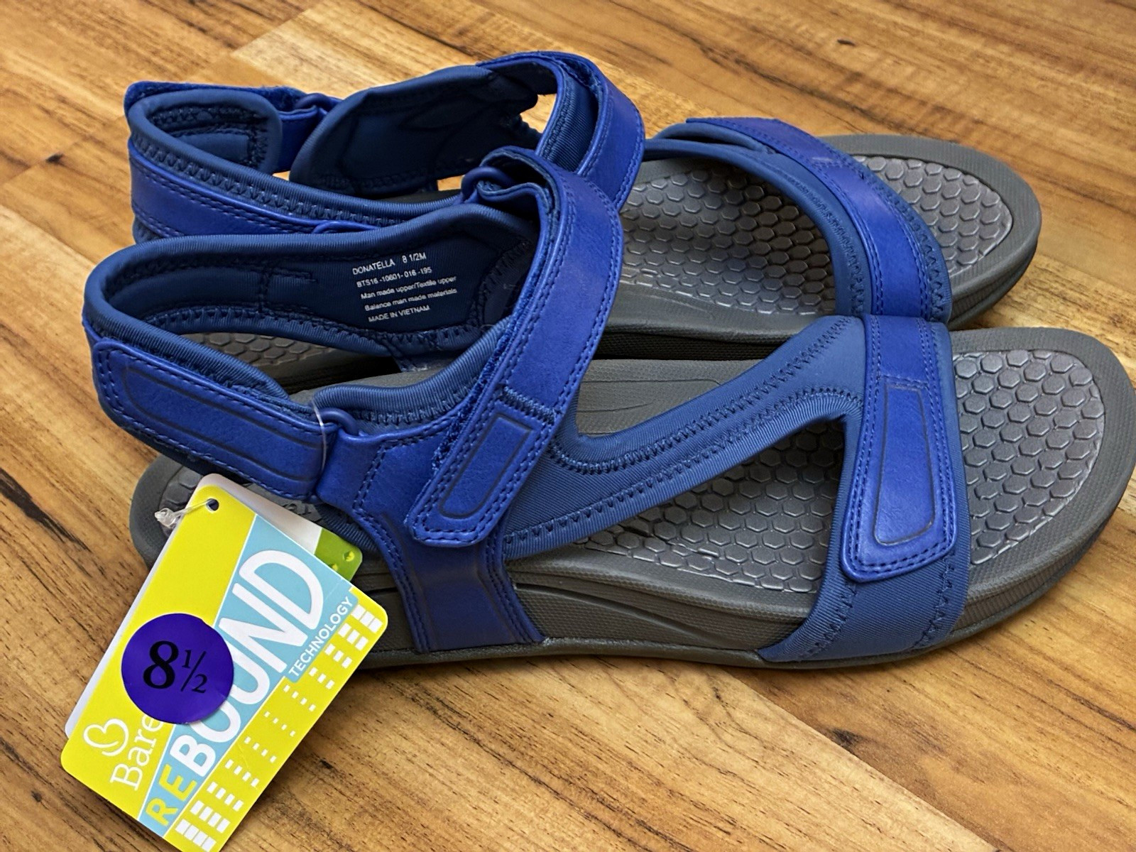 Baretraps Women’s Blue/Gray Strappy Flat Sandals Hook & Loop Textile 8.5M