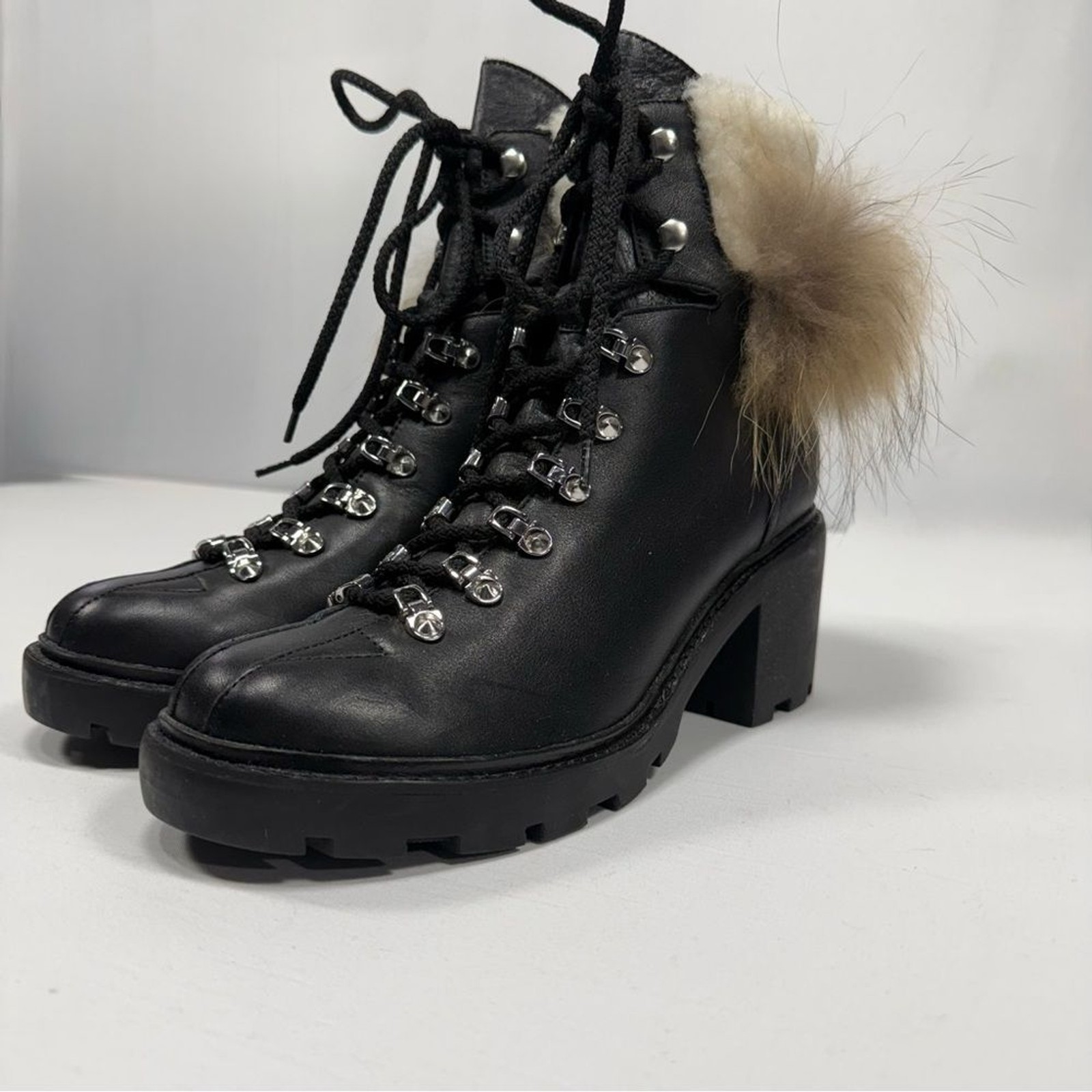 Black Leather Fur Trim Lace Up Hiker Boot Sigerson Morrison Size 40.5 EU
