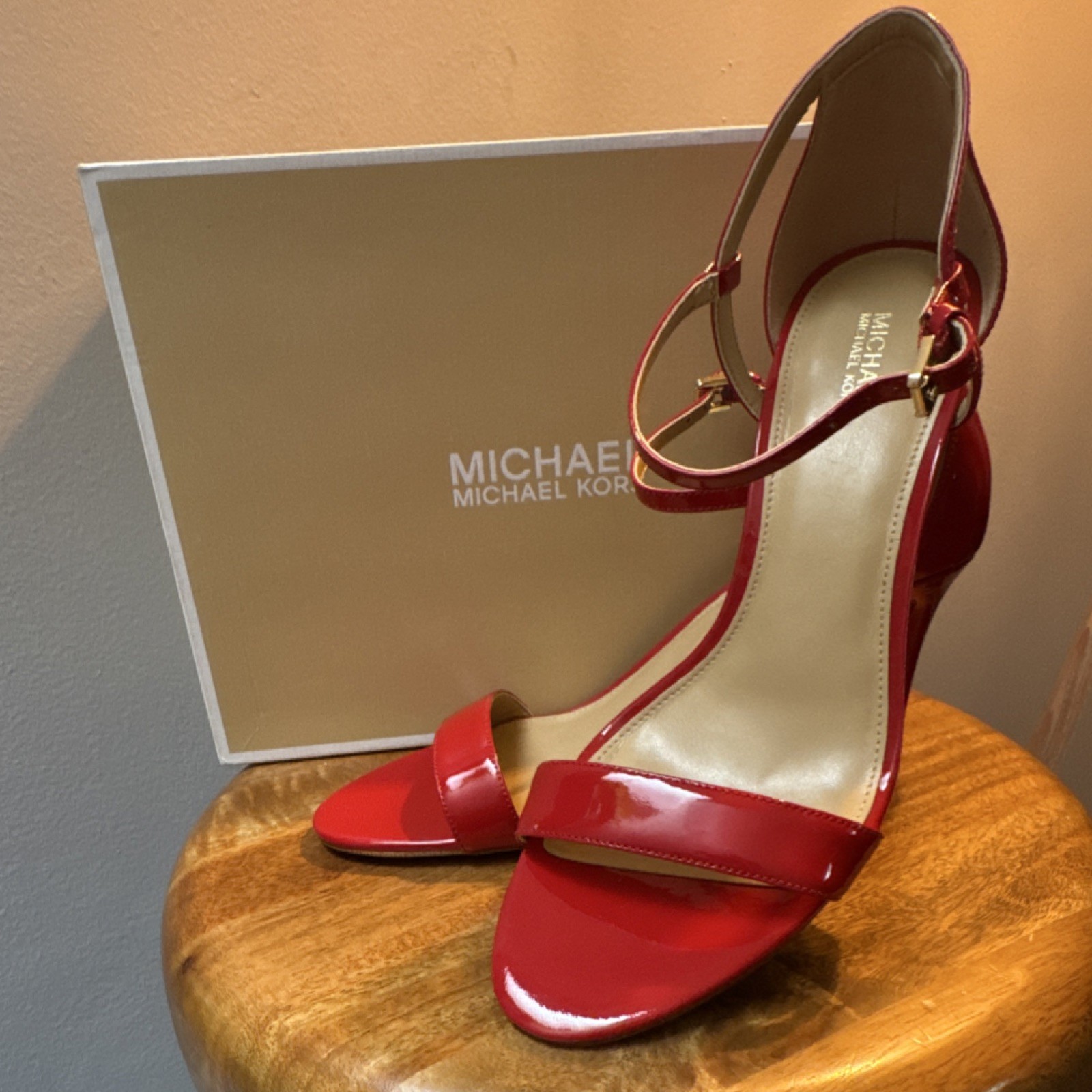 Michael Kors Red Patent Leather Ankle Strap Sandal Buckle Logo US 10 M