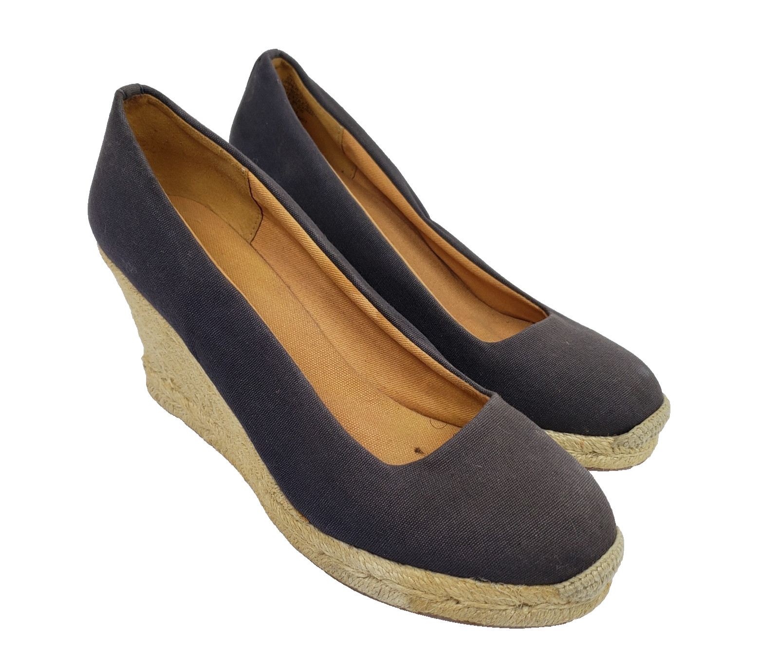 J Crew Womens Sz 7.5 Blue Canvas Slip On 3.25″ Heel Espadrille Wedge Pumps Shoes
