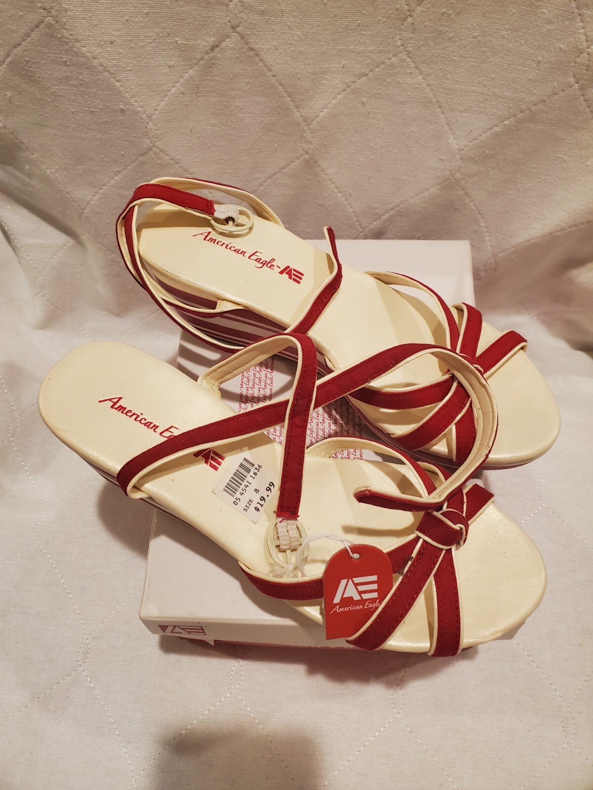 American Eagle Women 8 M Red White Sasha Eva Wedge Heel Stripe Strappy Shoe