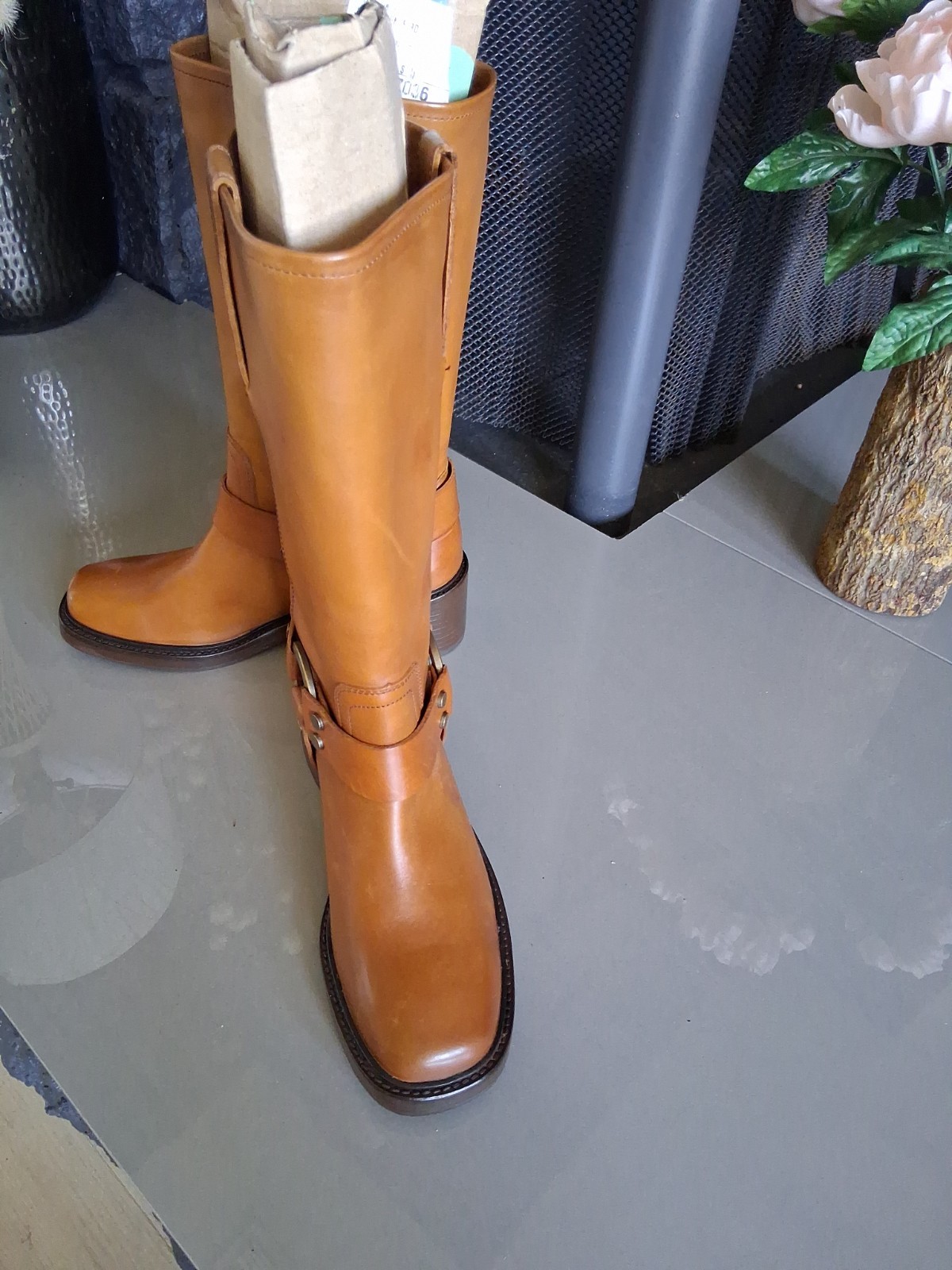 Frye Women’s Brown Leather Knee High Pull-On Riding Boots, Buckle, Round Toe