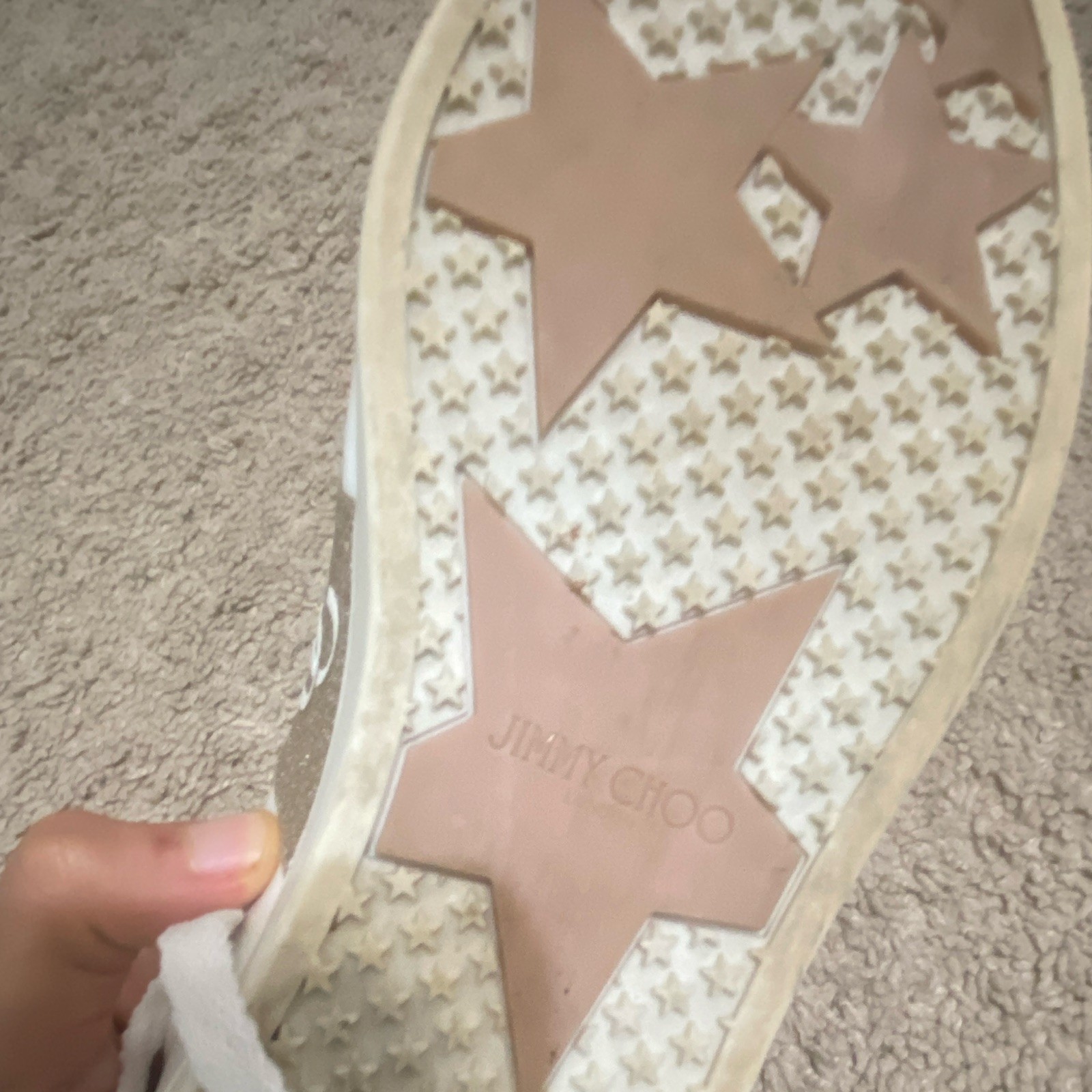 Jimmy Choo White Gold Glitter Logo Low Top Sneakers Women’s Lace Up MH2201