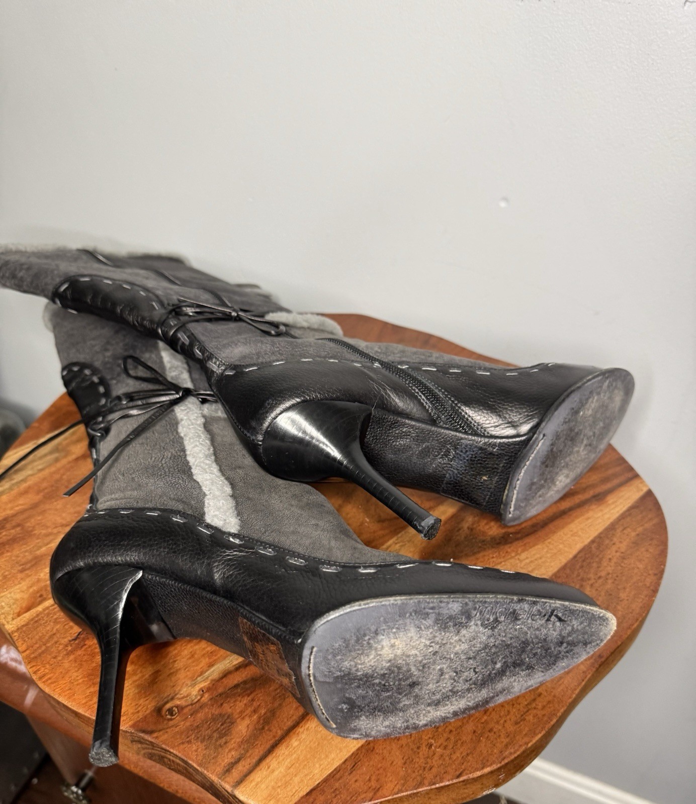 Michelle K High Heel Tall Leather Boots Black Gray Size 8