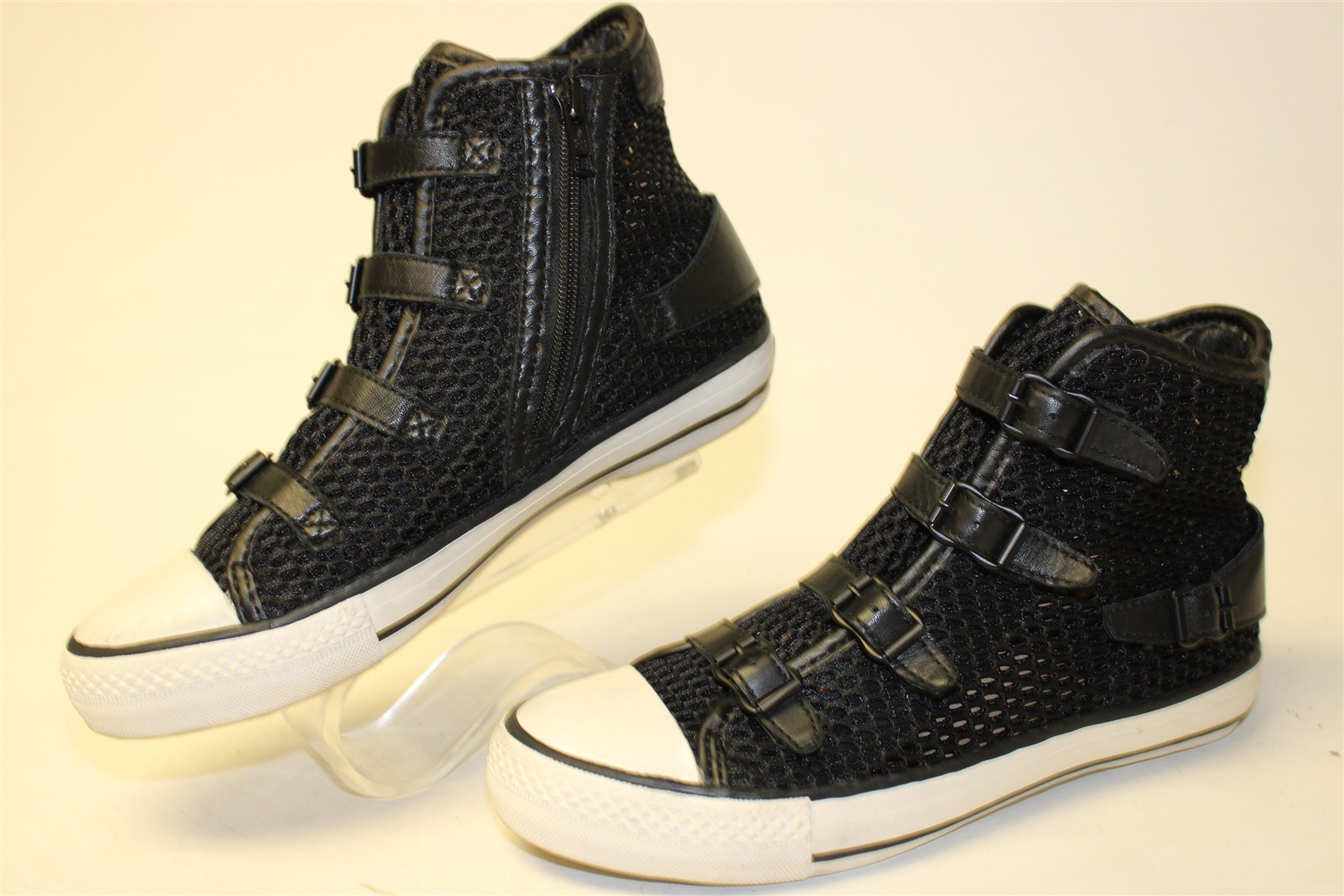 ASH Vanessa High Top Sneaker Women Size 7 38 Black Mesh Buckled Fashion Shoes