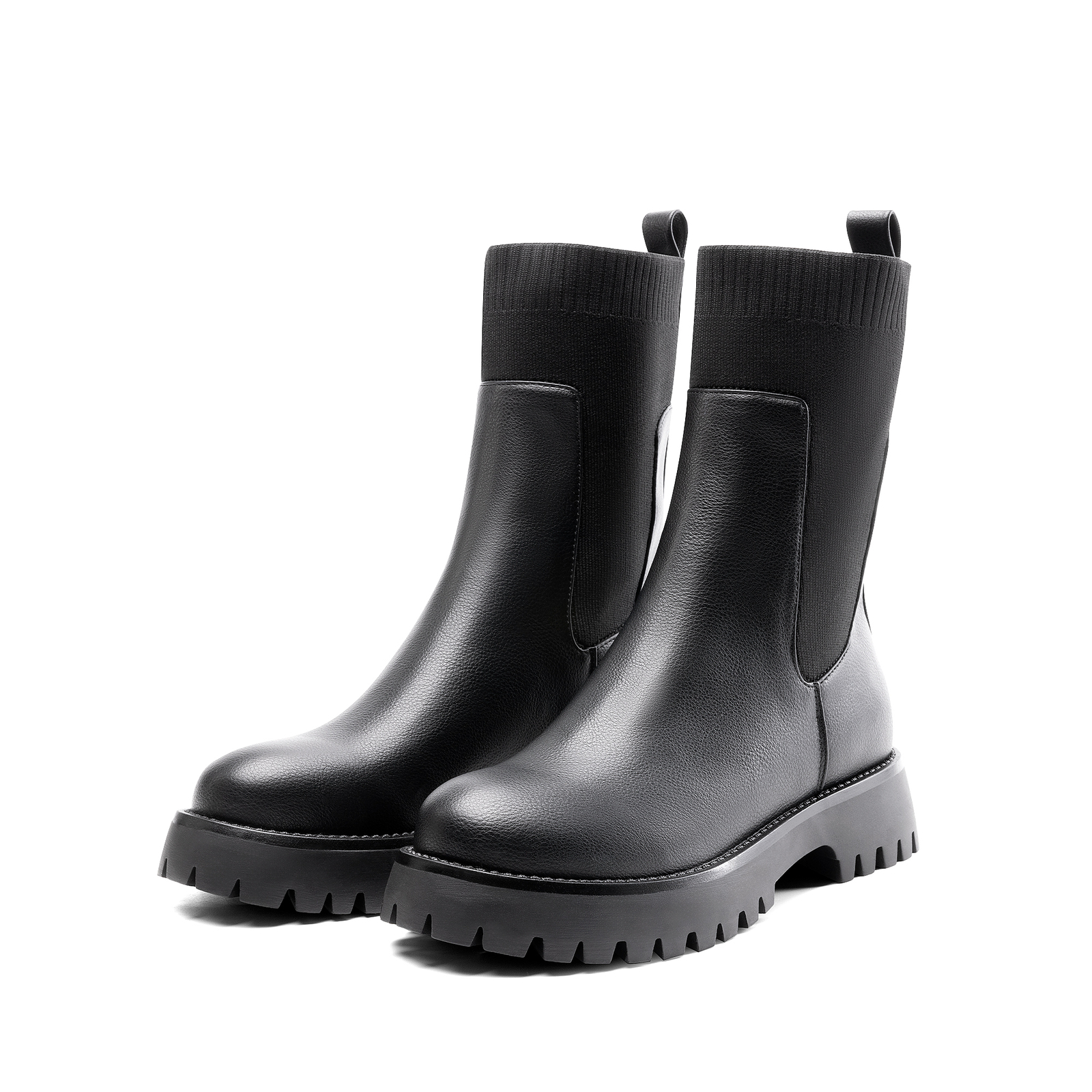 Women Platform Chelsea Boots with Ribbed Sock Upper and Lug Sole Mid Calf Boots