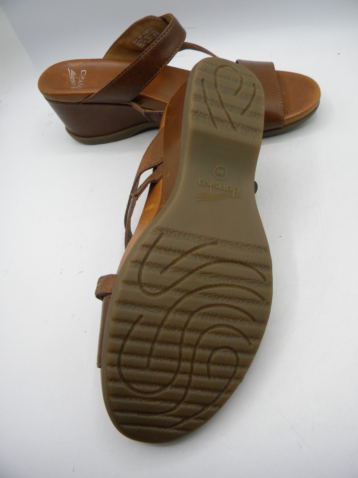 DANSKO Ana Brown Leather Wedge Heel Strappy Slide Sandals Size 40 Display