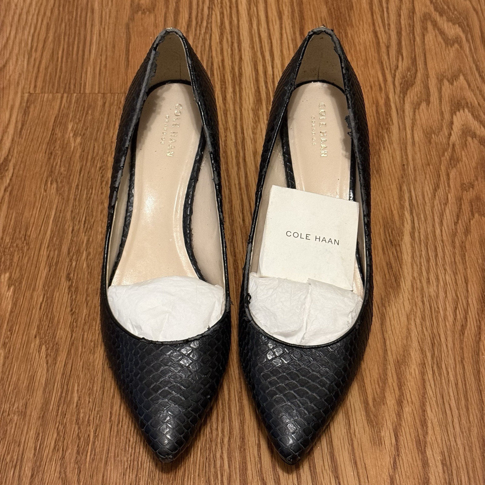 Cole Haan Faux Snakeskin/Lizard Textured Leather Pumps Kitten Heel Black Size 10