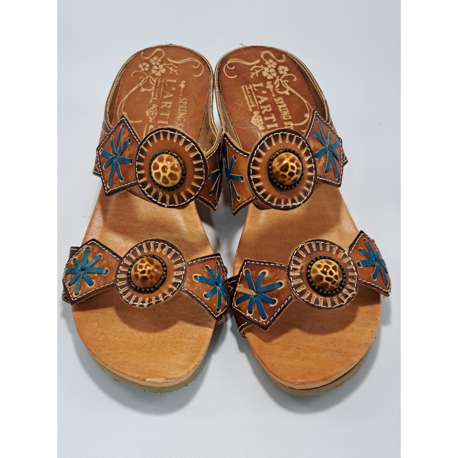 L’Artiste Spring Step Sesame Tan Leather Wedge Sandals Blue Embroidery Womens 36