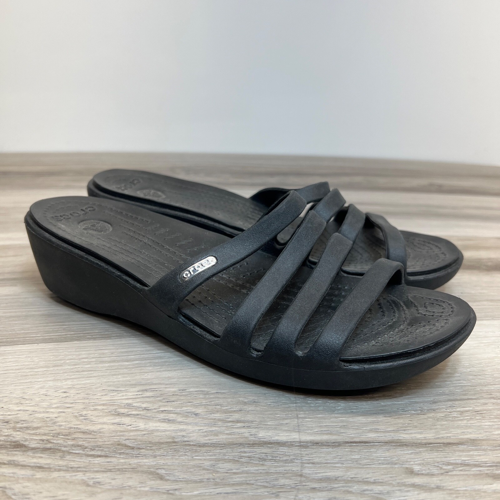 Crocs Rhonda Wedge Sandals Slip-On Strappy Slides Open Toe Black Women’s Size 10