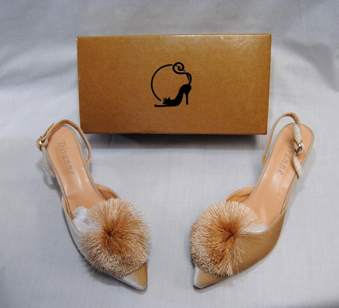Divanne Women’s Puff Pompom Slingback Pumps Pointed Toe Kitten Heels New T2346
