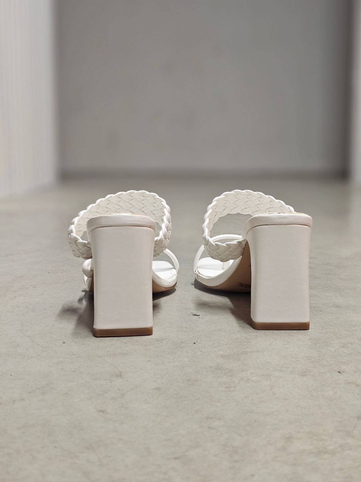 Braided Strap Block Heel Sandals In White With Square Toe And Strappy Design