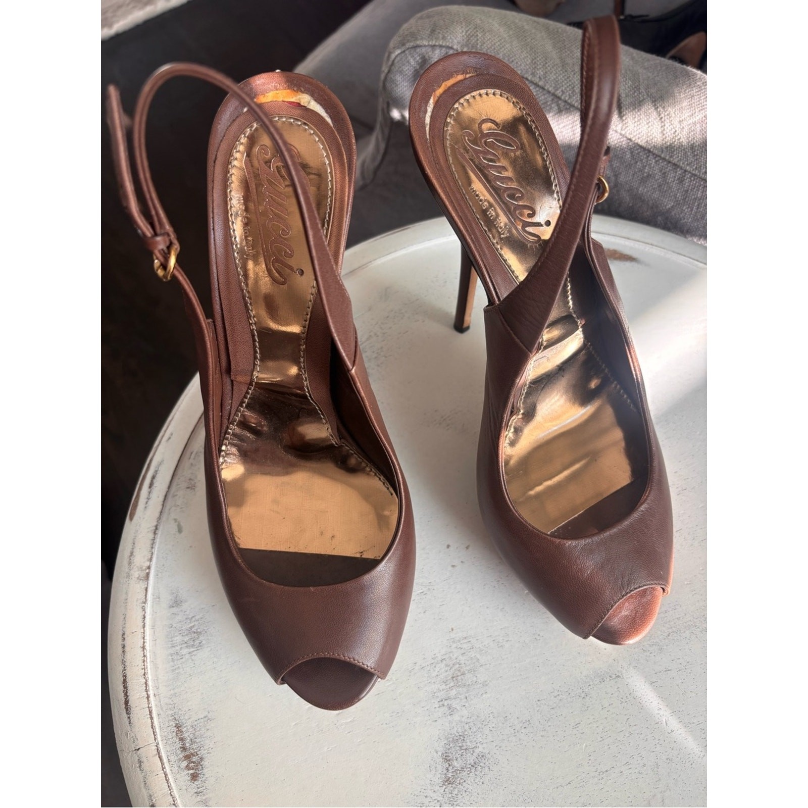Gucci Brown Leather Peep-Toe Slingback Stiletto Heels