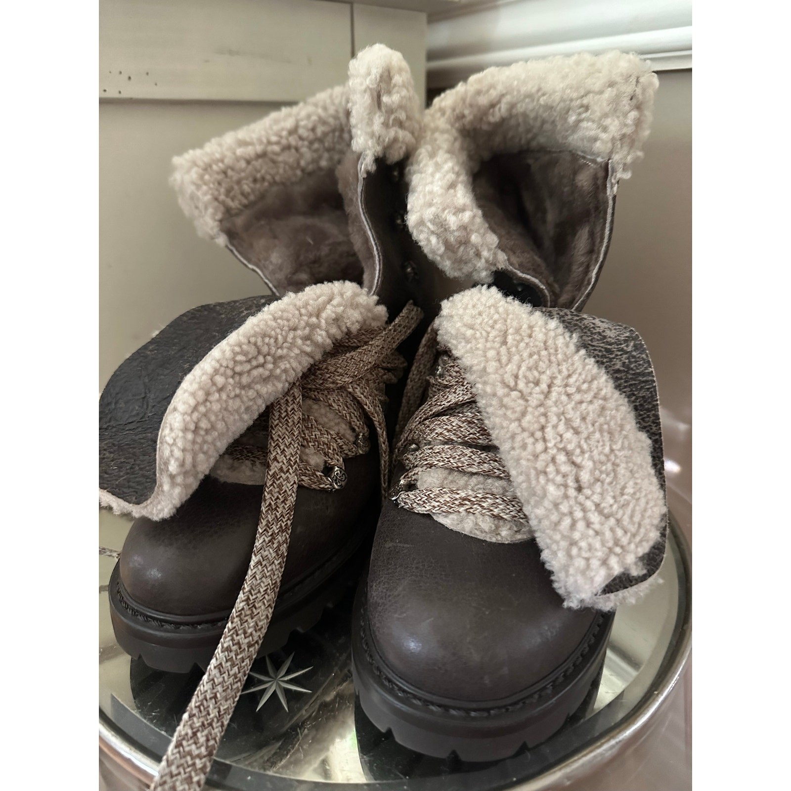 Barney’s New York Leather Shearling Lined Fur Boots Brown Italy combat new sz 38