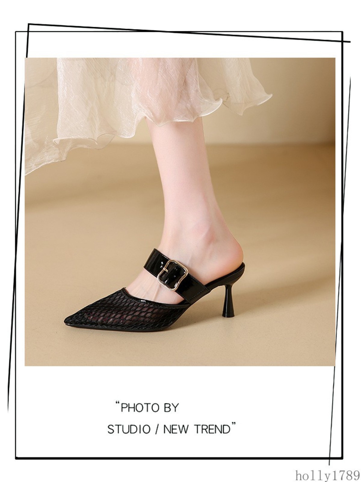 Mesh Pointed Toe Mule Heels Women Hollow Out Strap Slip on High Heel Sandals