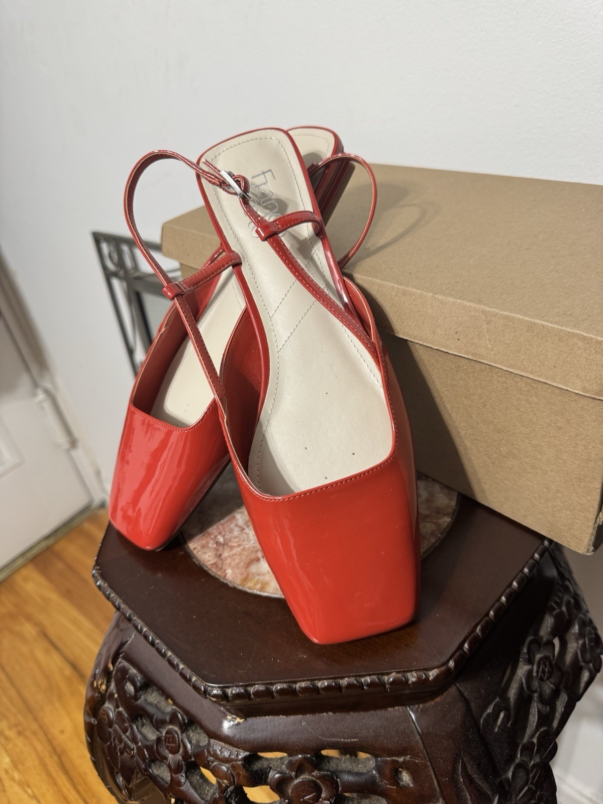 Women’s Red Patent Leather Square Toe Slingback Block Heel Straps Size 10