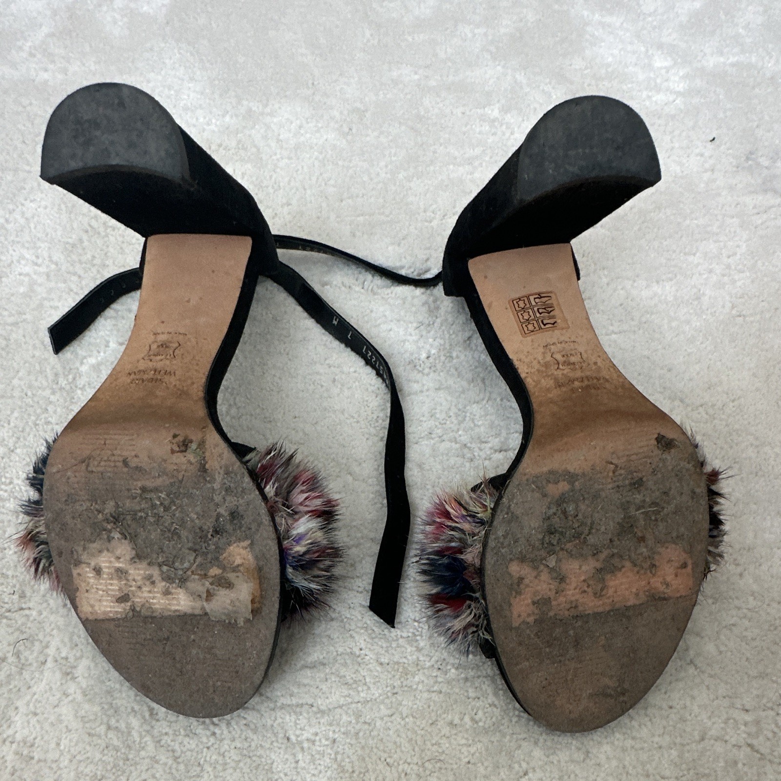 Stuart Weitzman Leather Strappy Ankle Strap Faux Fur Sandals Black 7