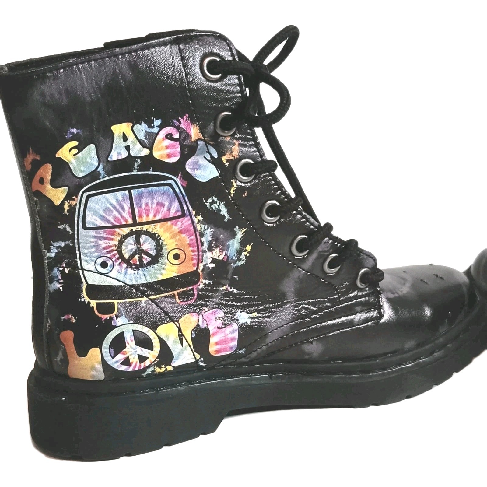 Yes We Vibe Leather Boots Black Peace &Love W 7.5/M 6 Combat Vegan Unisex Hippie