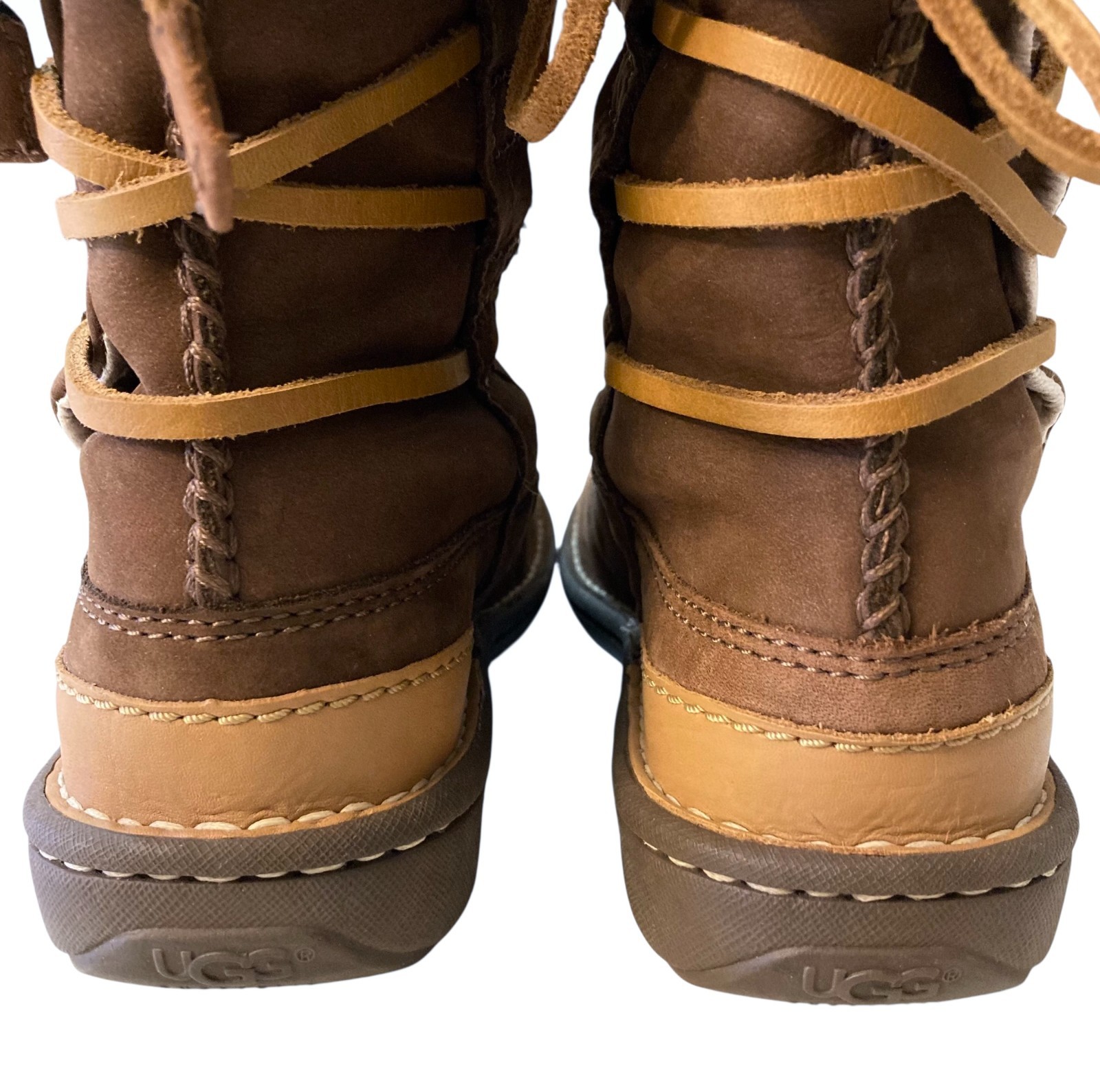 UGG Catalina Sheepskin Leather Boots Women Sz 6 Wrap Laces Mid Calf Goober Brown