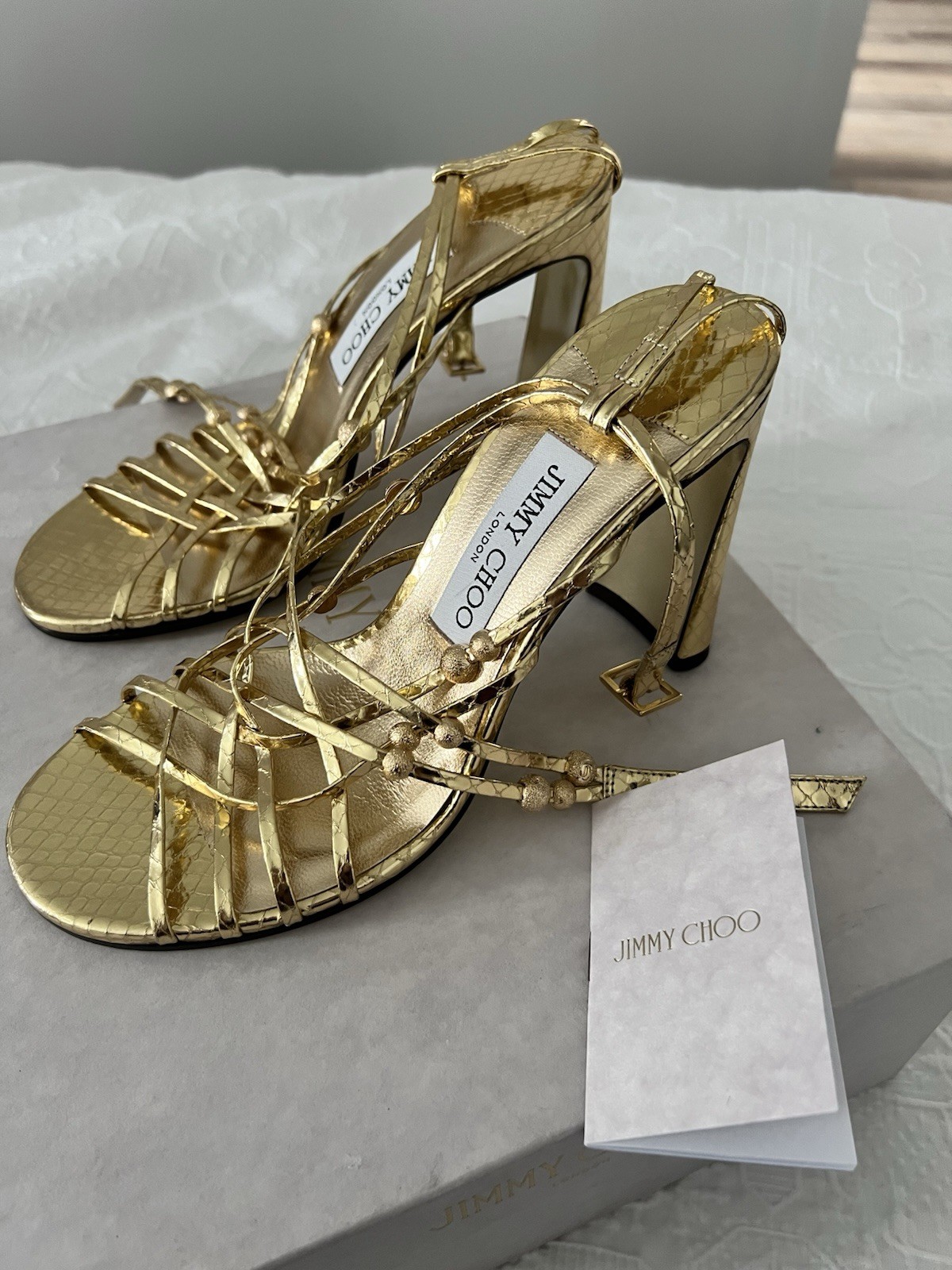 Jimmy Choo Felice 95 NWB Gold Leather Strappy Ankle Strap Heel Sandals EU 37