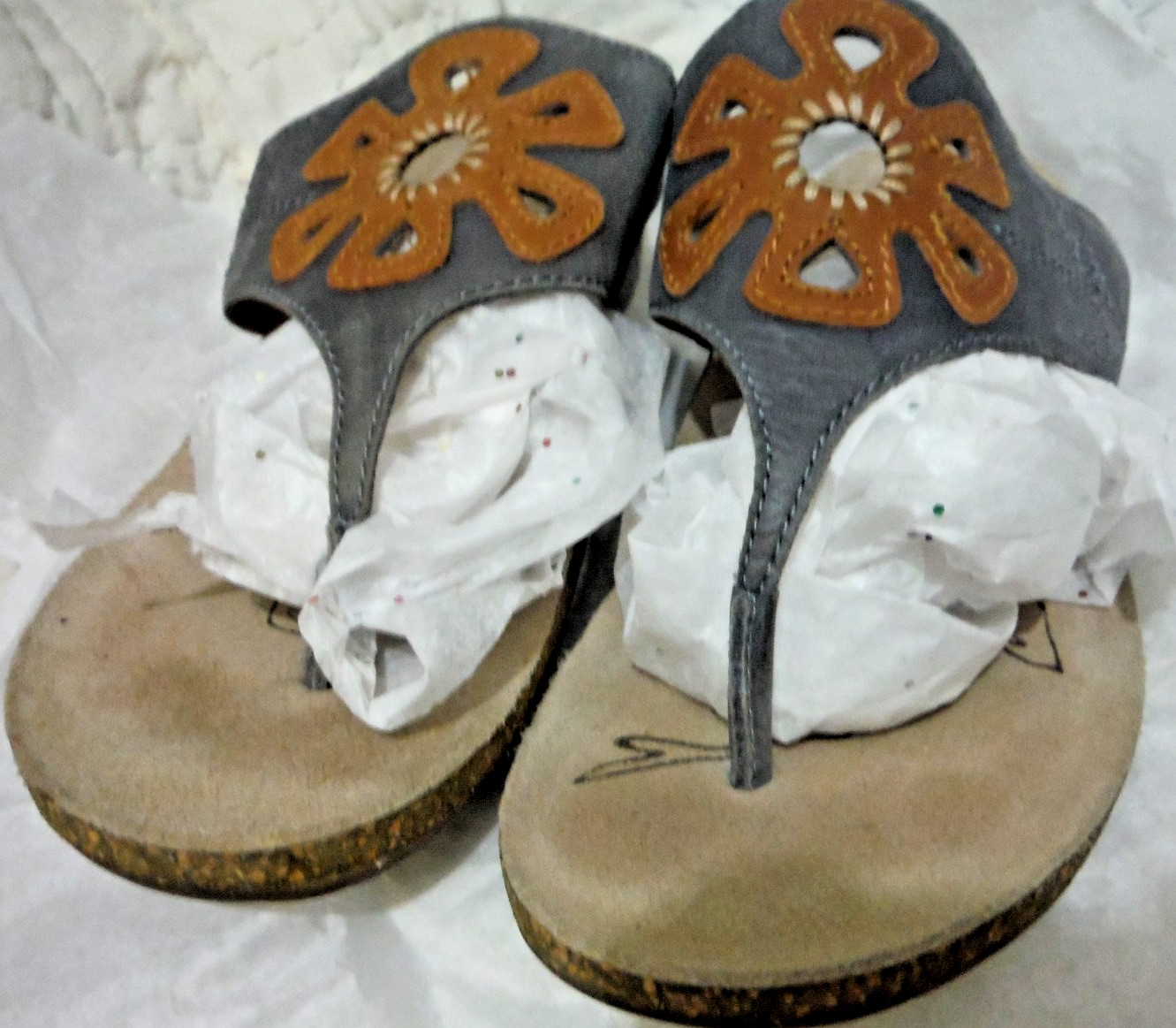 Josef Seibel Natalya Floral Wedge Thong Sandal Light Blue Cork Sole 39 8-8.5