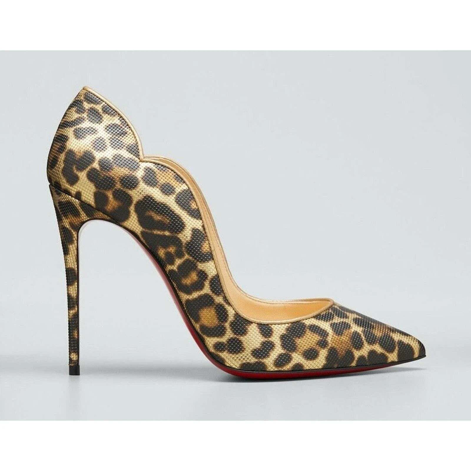 Christian Louboutin Hot Chick 100 Black Brown Gold Leopard Coins Heel Pump 37.5