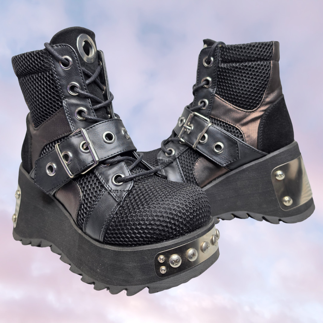 Demonia Black Wedge Platform Grunge Goth Festival Punk Metal Studded Boots 7.5