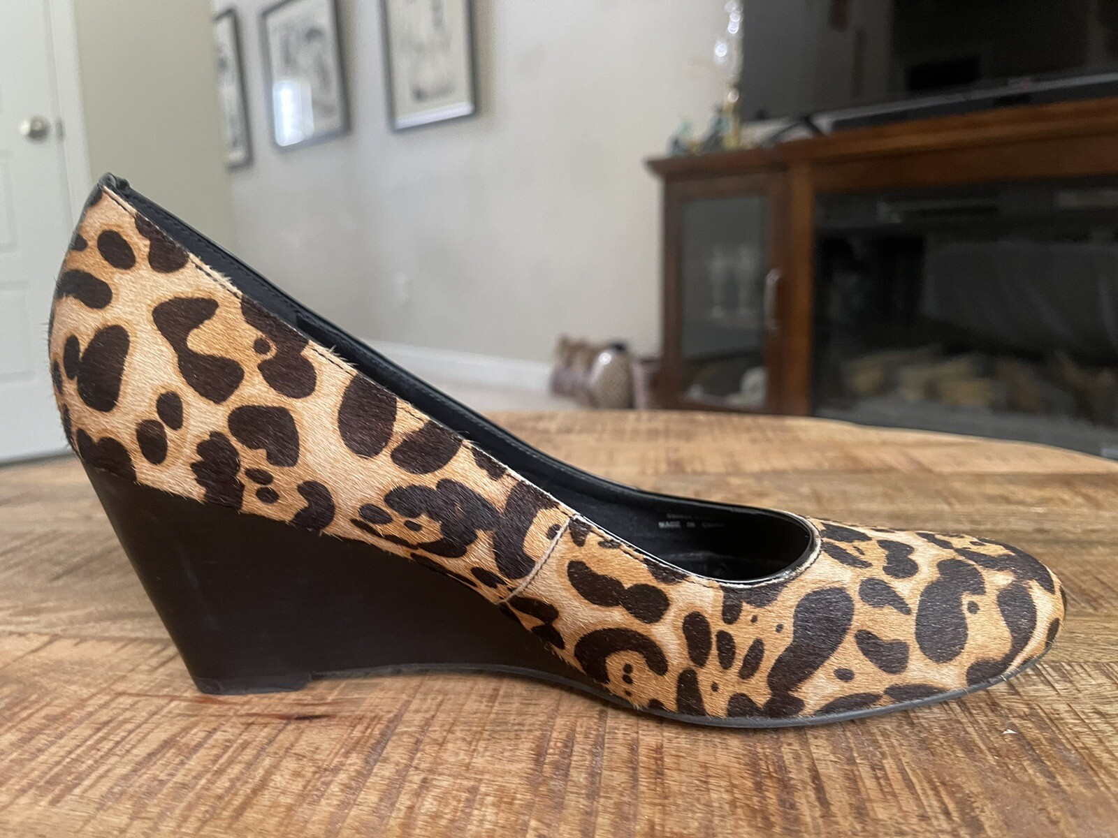 ECCO Beige Brown Real Cow Fur Hair CHEETAH Print Wedge High Heels SZ 41 or 10