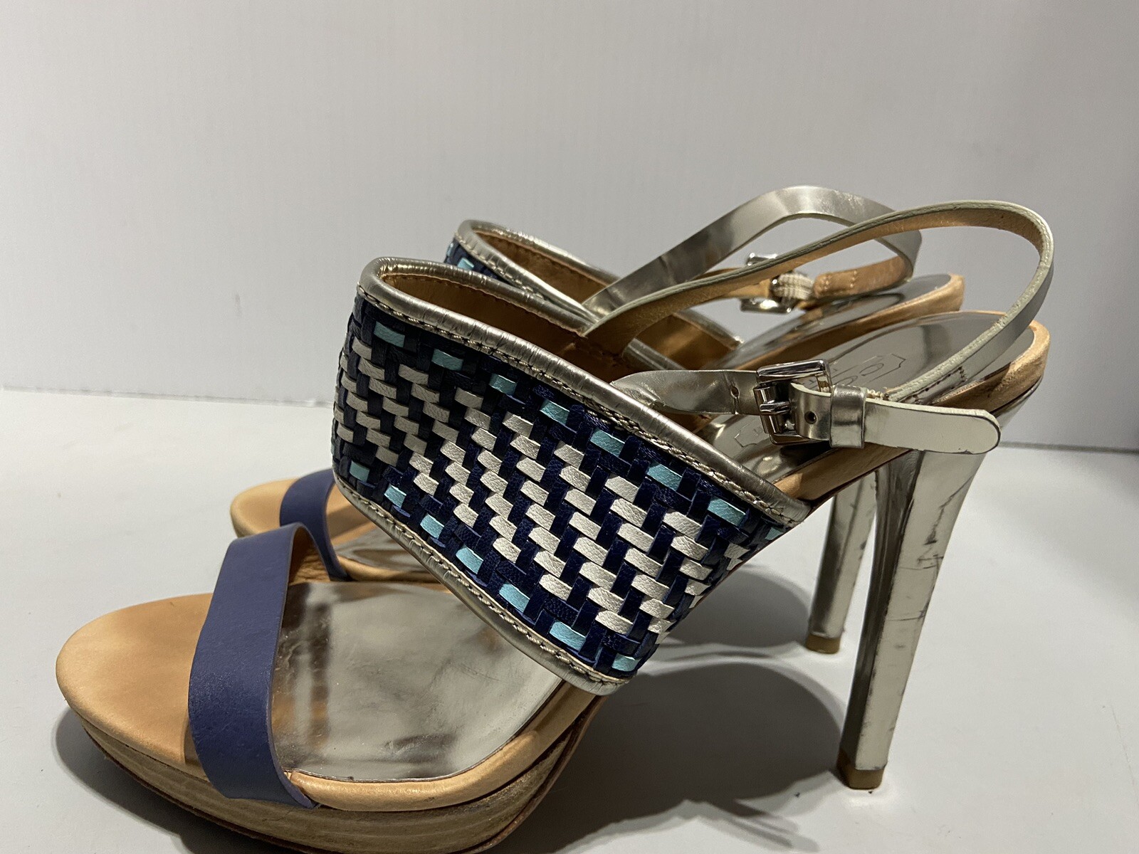 COACH Steffi Heels Pumps Slingback Shoes Blue Tan Silver Women’s Size 8B Q1861