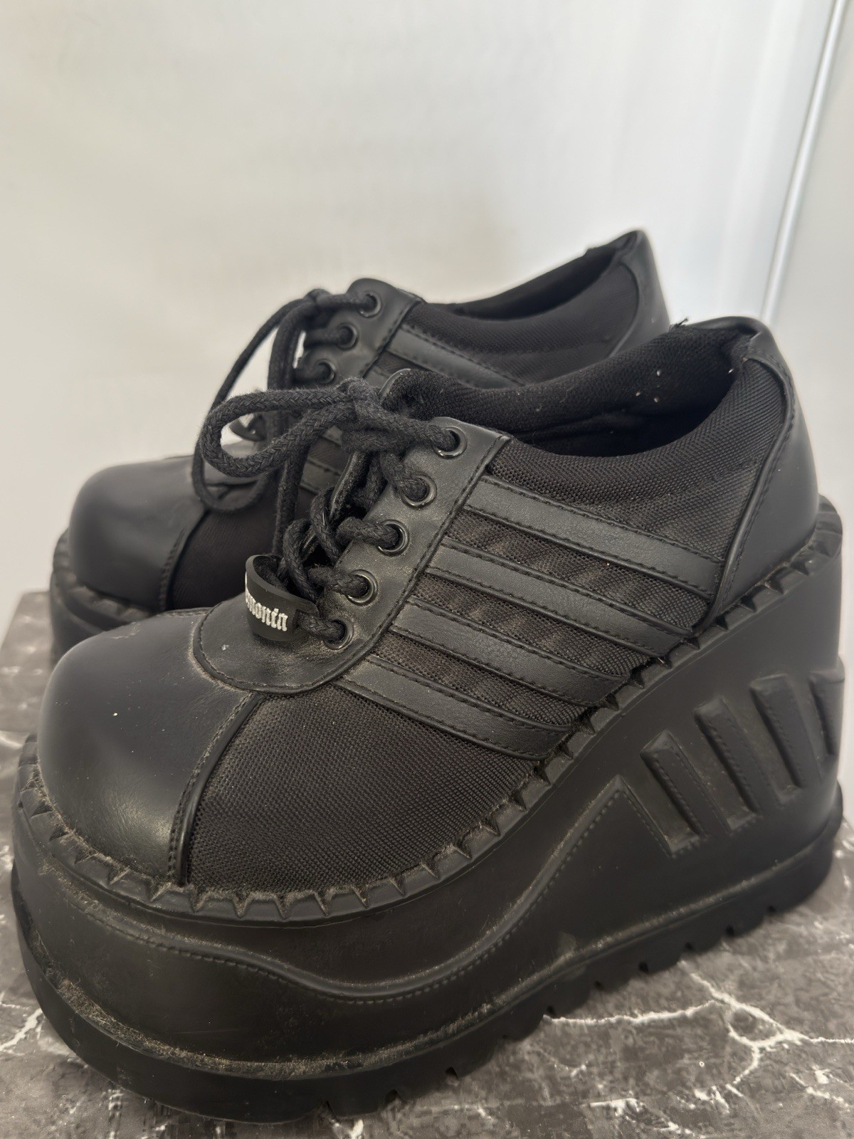 Demonia Stomp-08 Black Platform Shoes 90s Rave Cyber Goth Sneakers Size 6